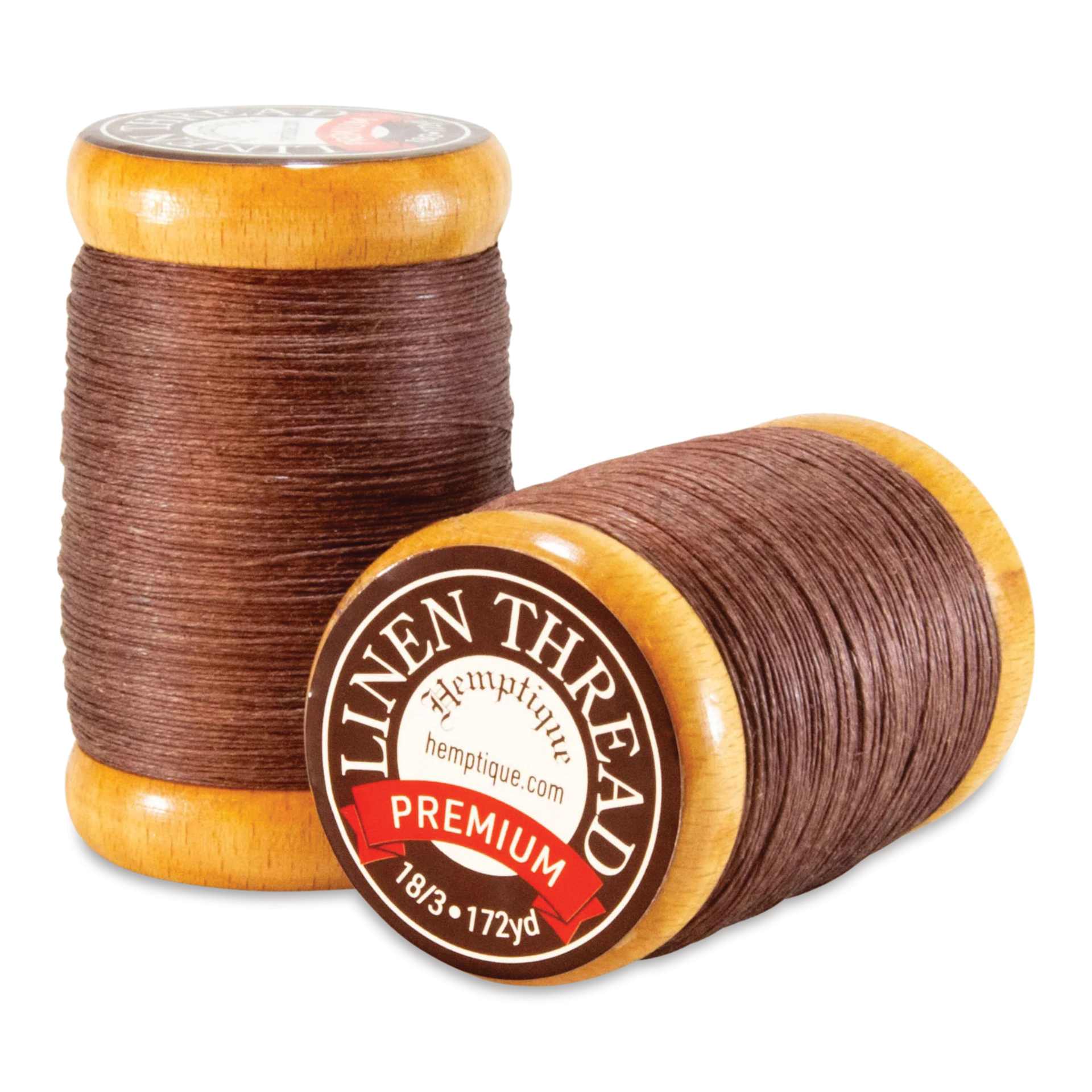 Hemptique Premium Linen Thread - Brown, 0.6 mm top andf side view of spool