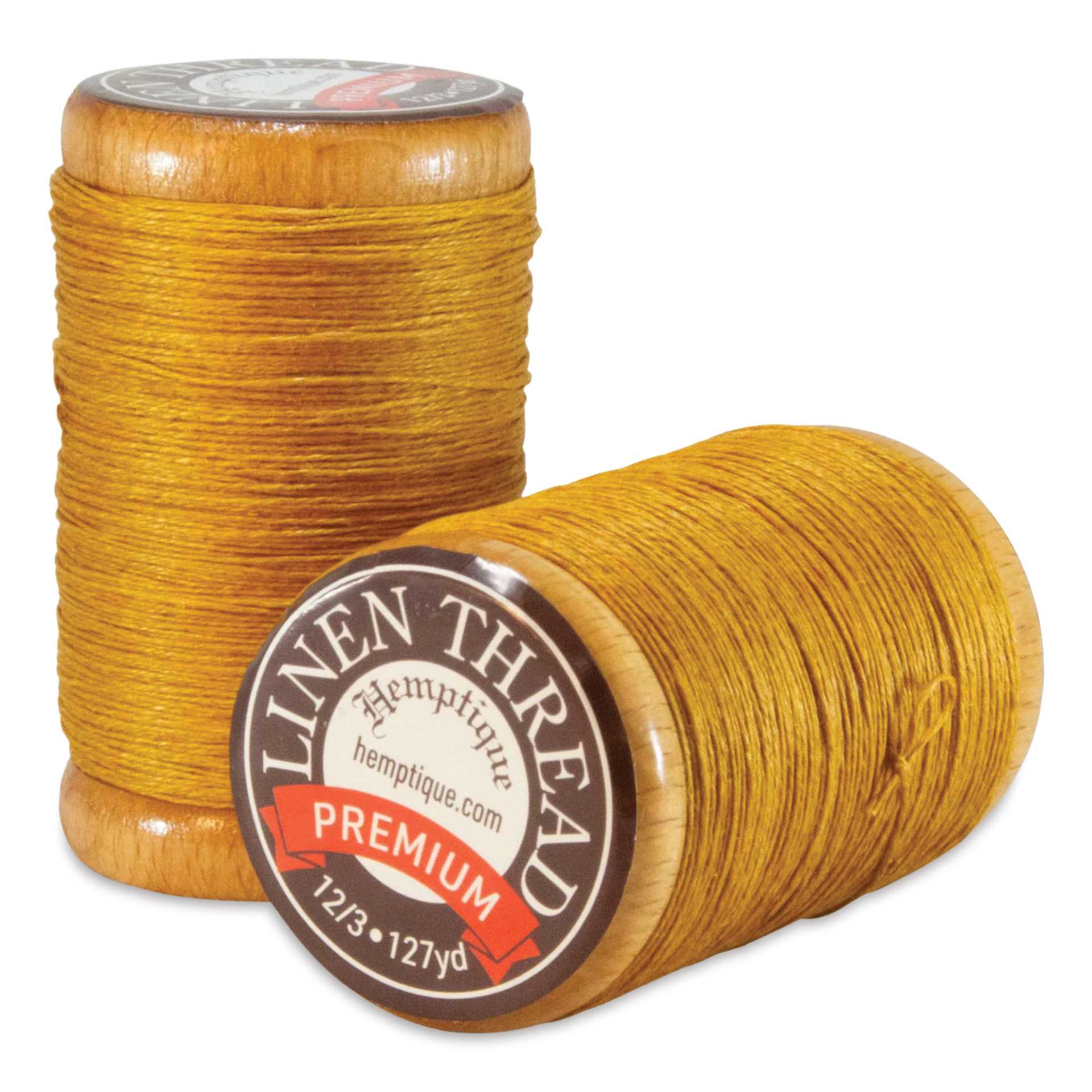 Hemptique Premium Linen Thread - Gold, 1 mm top and side view of spool