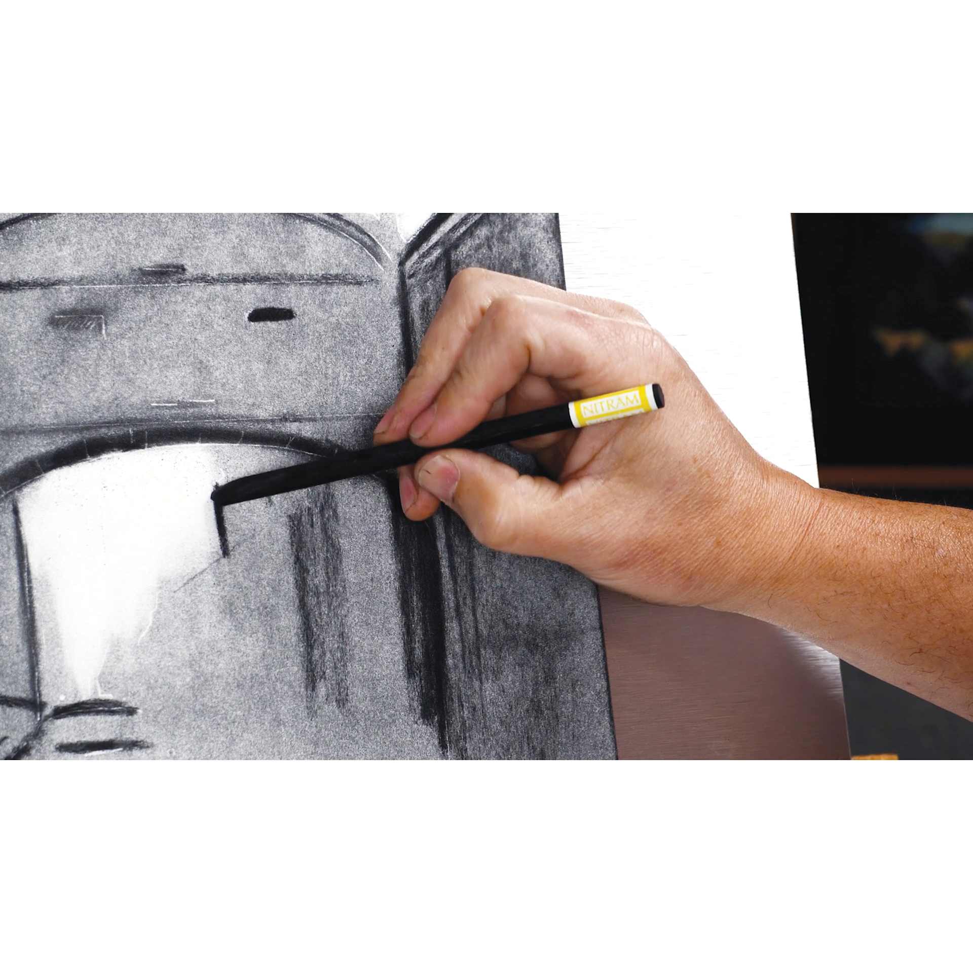Nitram Starter Pack, charcoal drawing in progress