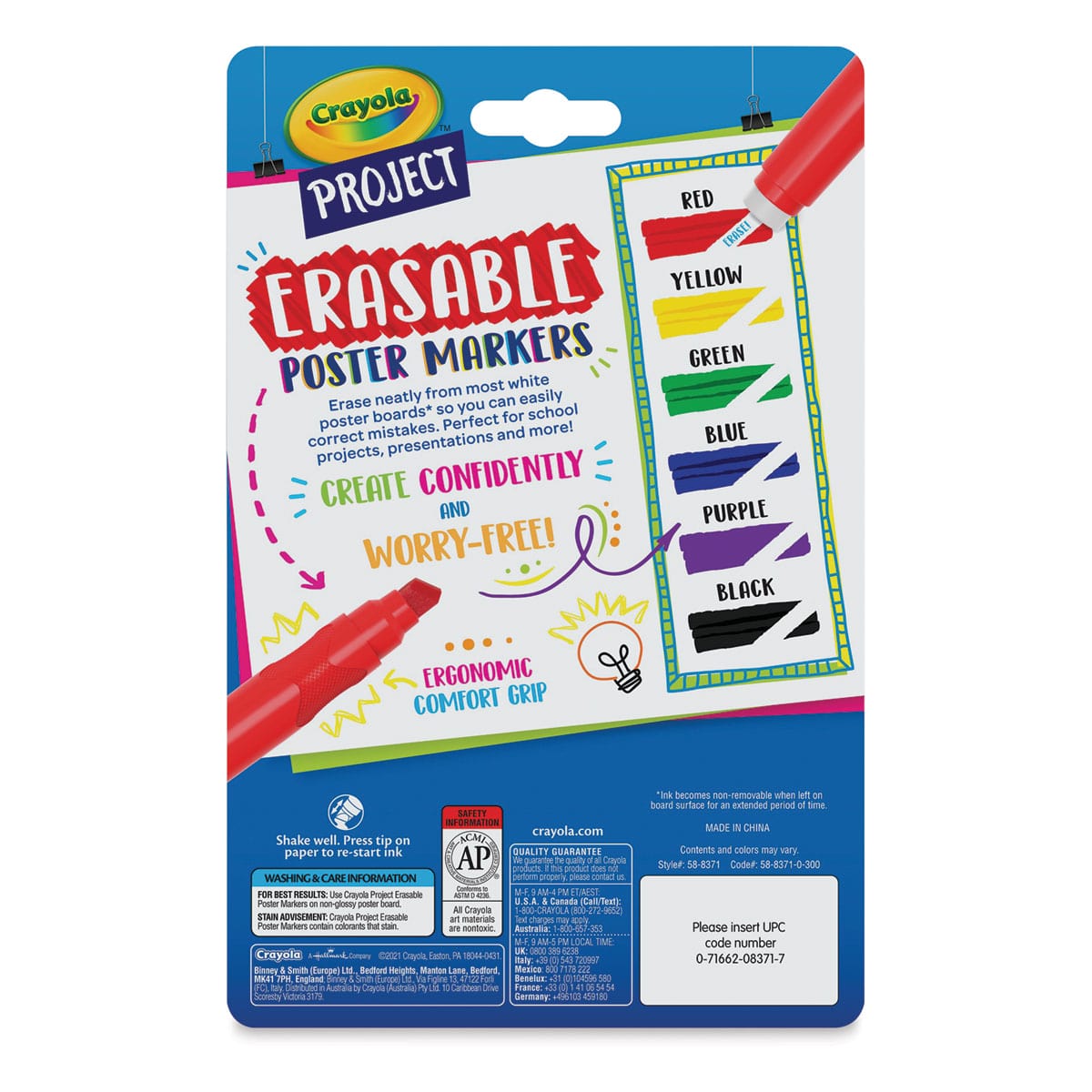 Crayola Project Erasable Poster Markers - Set of 6 - back of packaging