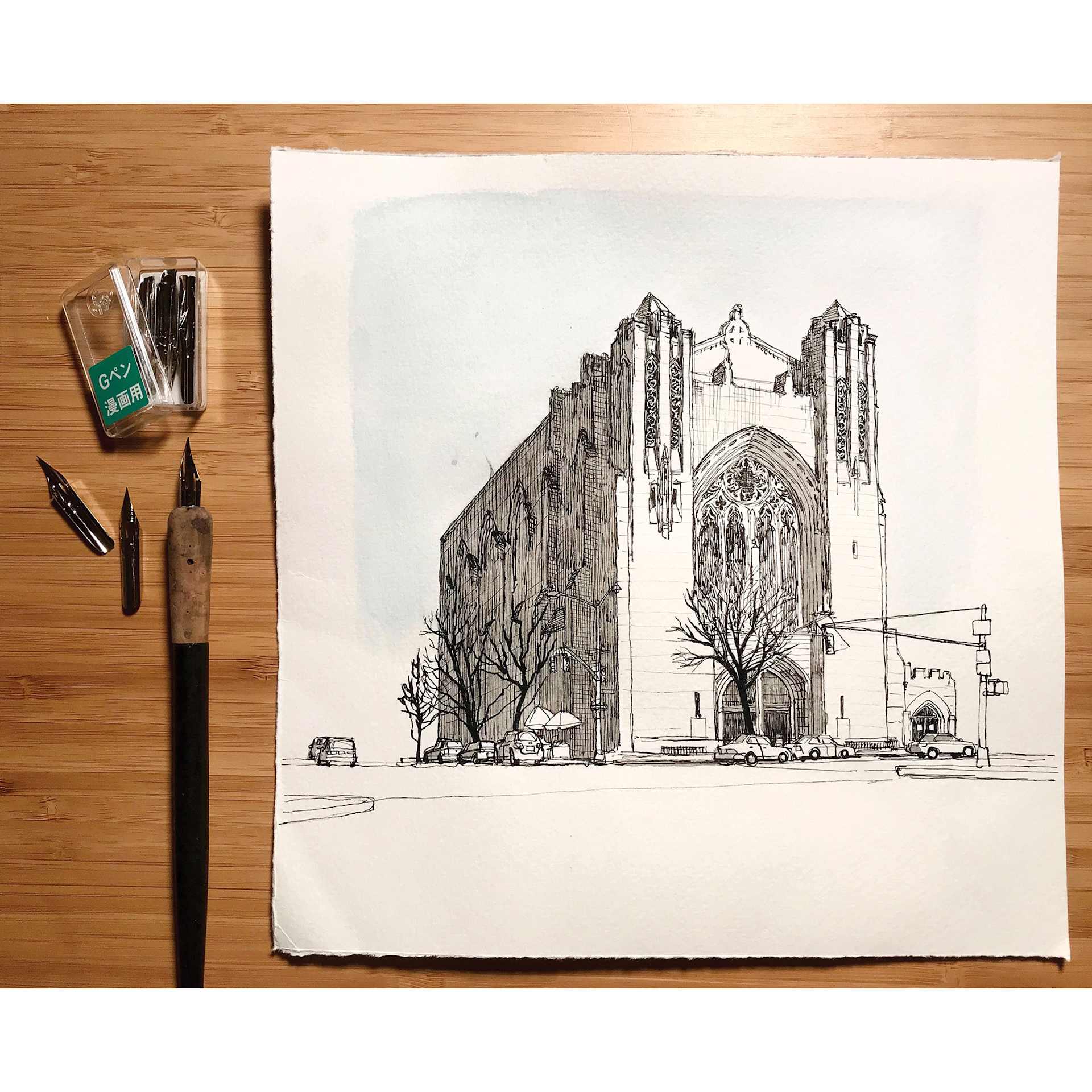 Zebra Comic Pen Nibs - Model G, Pkg of 10 (ink drawing of church with nibs and pen holder)