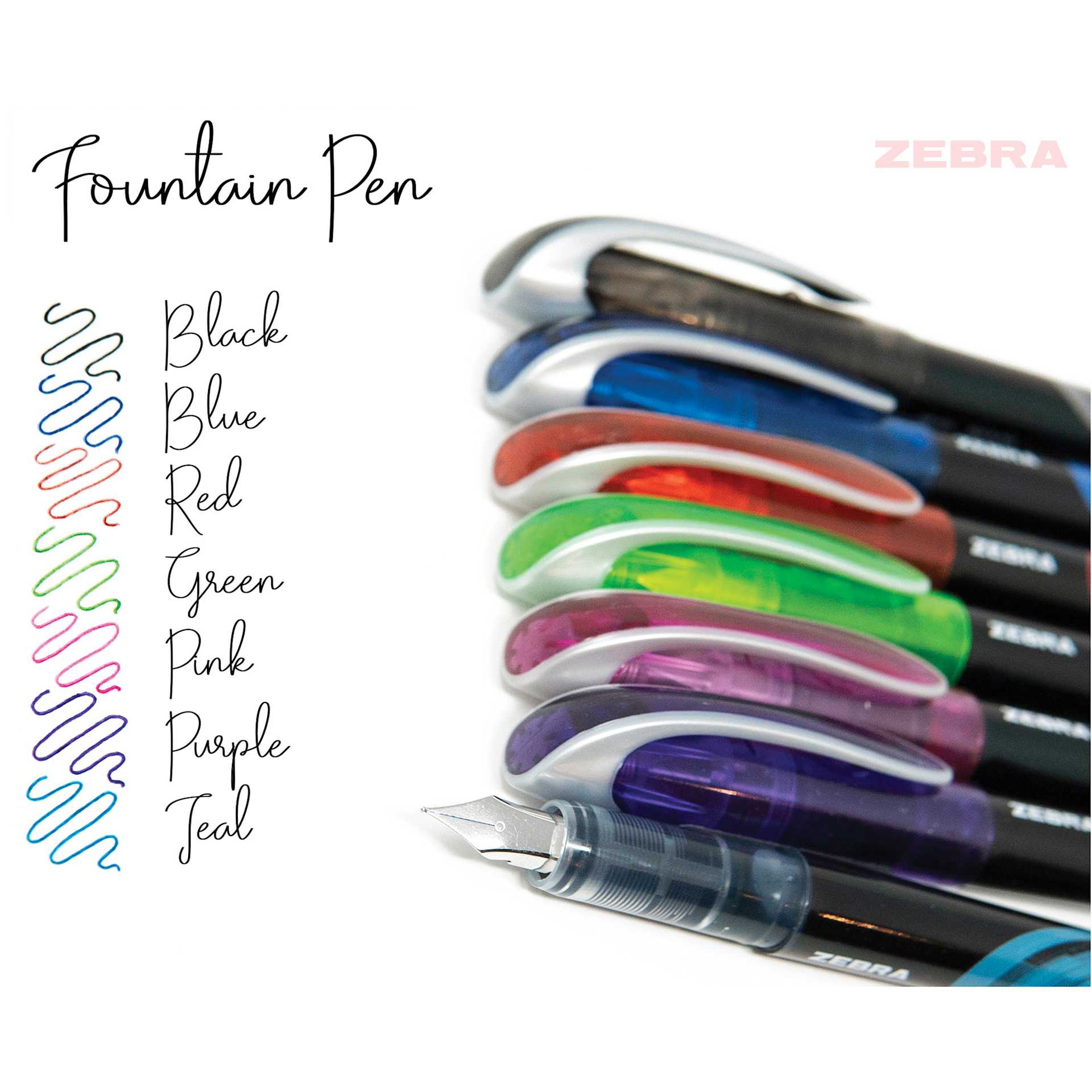 Zebra Fountain Pens - Closeup of Set of 7 Assorted Colors with color swatches
