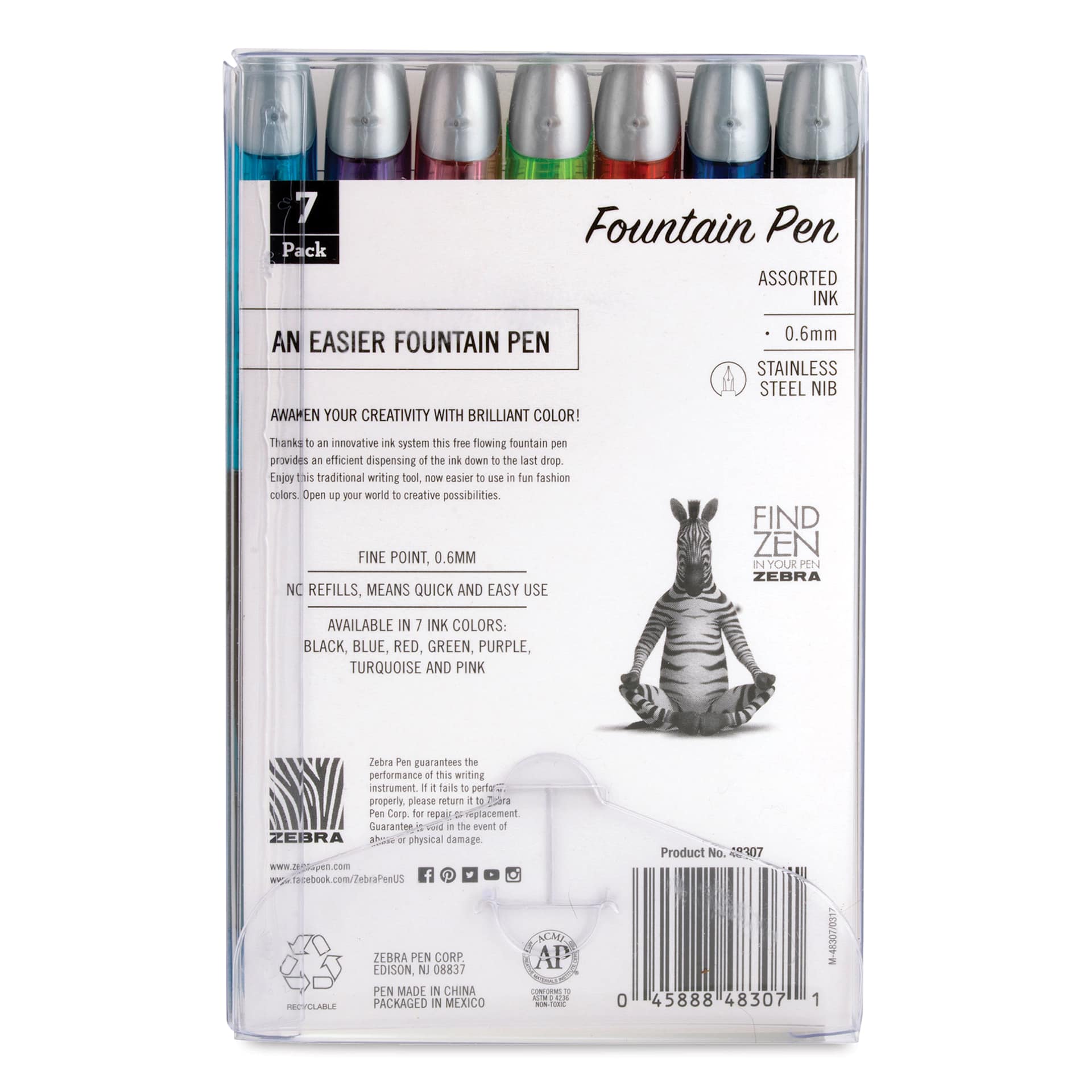 Zebra Fountain Pens - Set of 7, Assorted Colors, back of the packaging