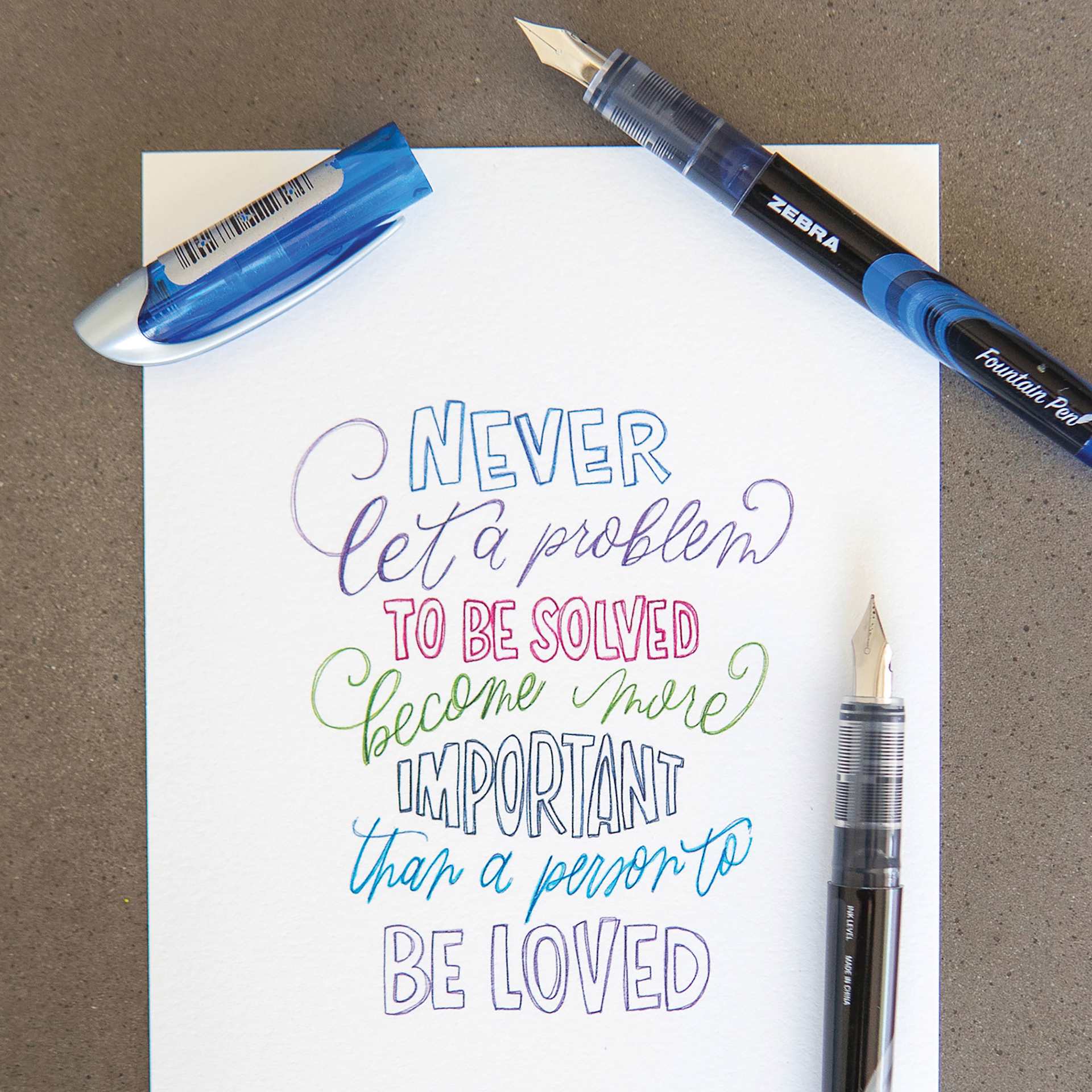 Zebra Fountain Pens, message shown created with different colored pens