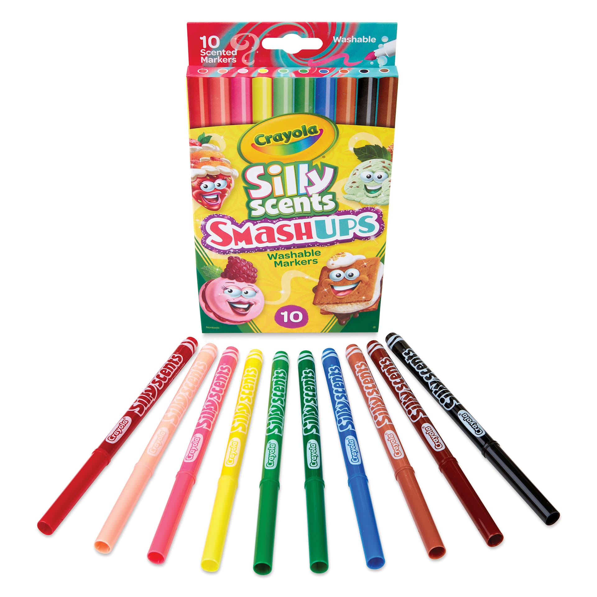 Crayola Silly Scent Smashups Markers - Set of 10, Fine Tip, markers laid out in front of the pack