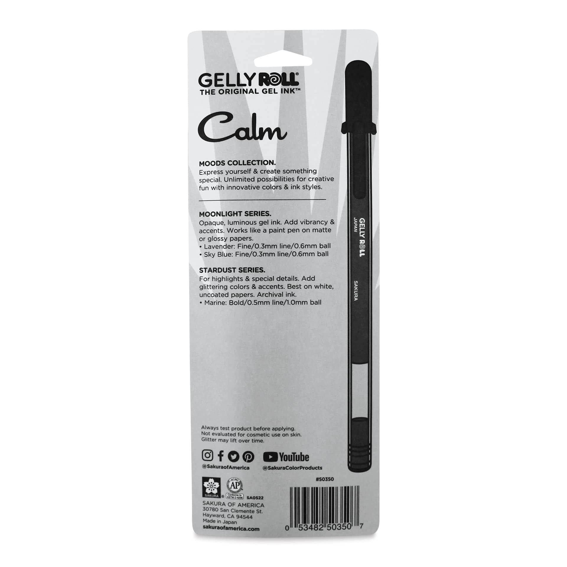 Sakura Gelly Roll Moods Collection Pens - Calm, Set of 3, back of the packaging