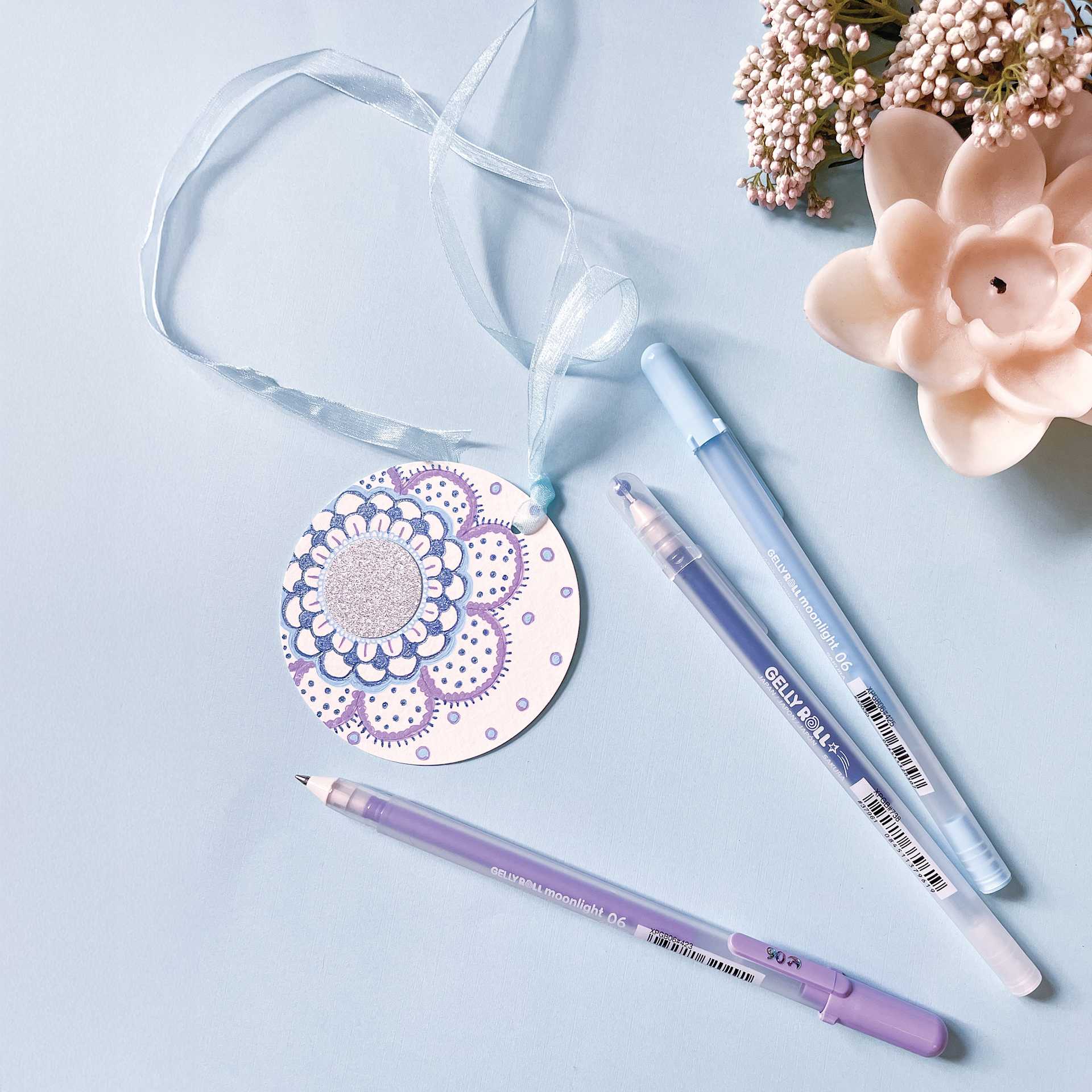 Sakura Gelly Roll Moods Collection Pens - Calm, Set of 3, on desk