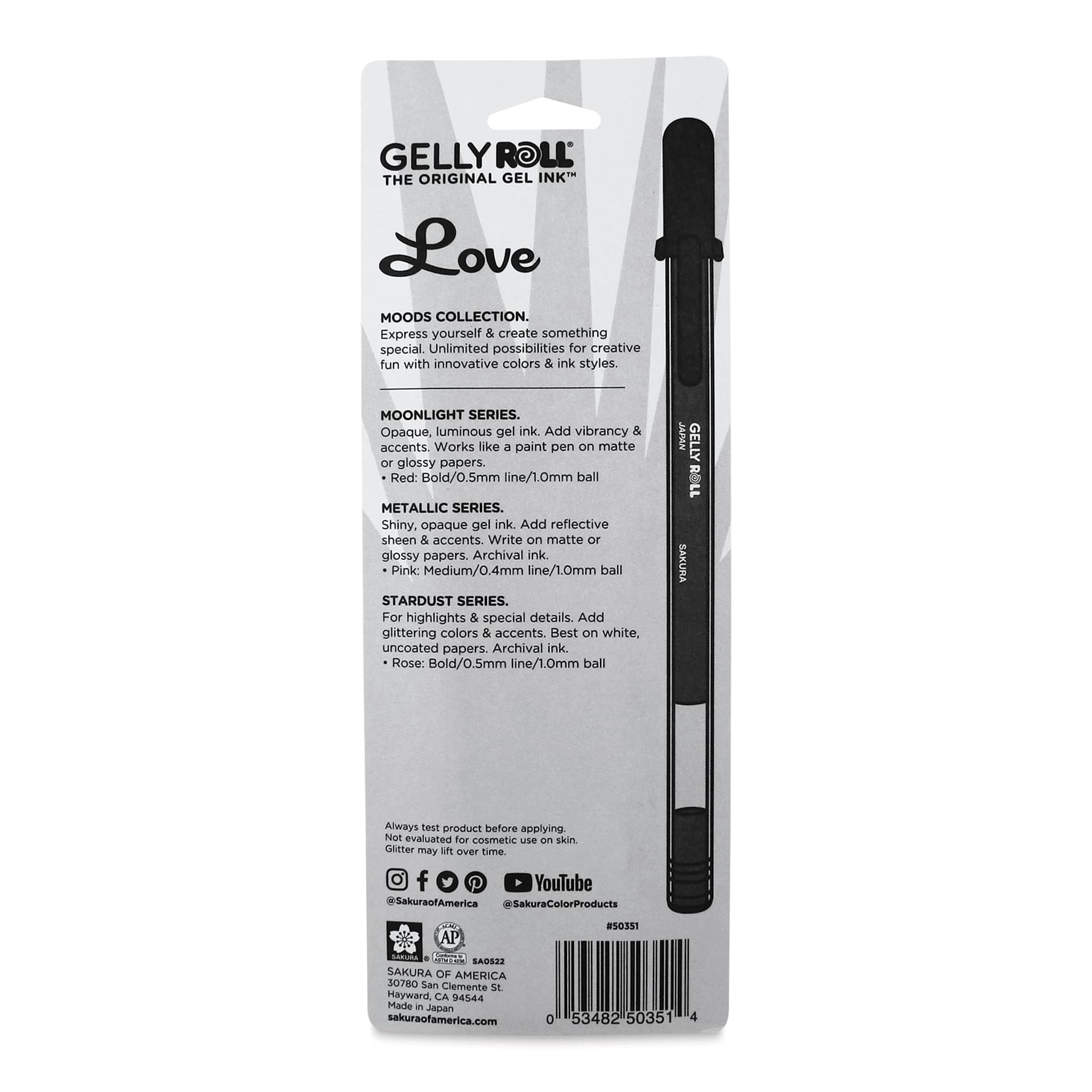 Sakura Gelly Roll Moods Collection Pens - Love, Set of 3, back of the packaging