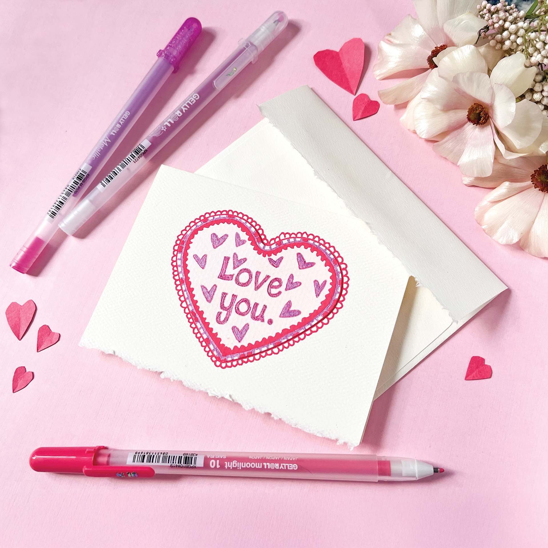 Sakura Gelly Roll Moods Collection Pens - Love, Set of 3, letter on desk