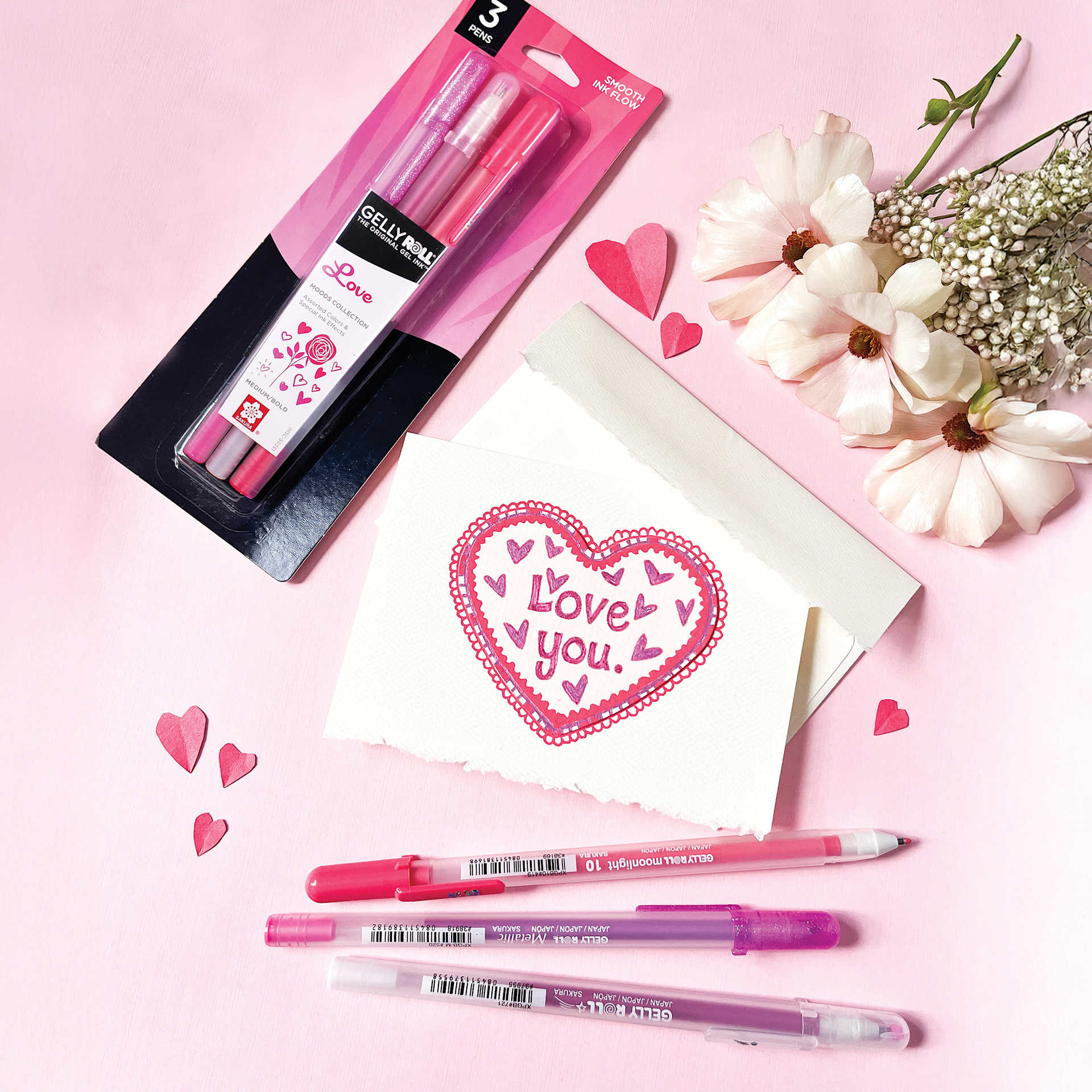 Sakura Gelly Roll Moods Collection Pens - Love, Set of 3, letter on desk with contents and packaging