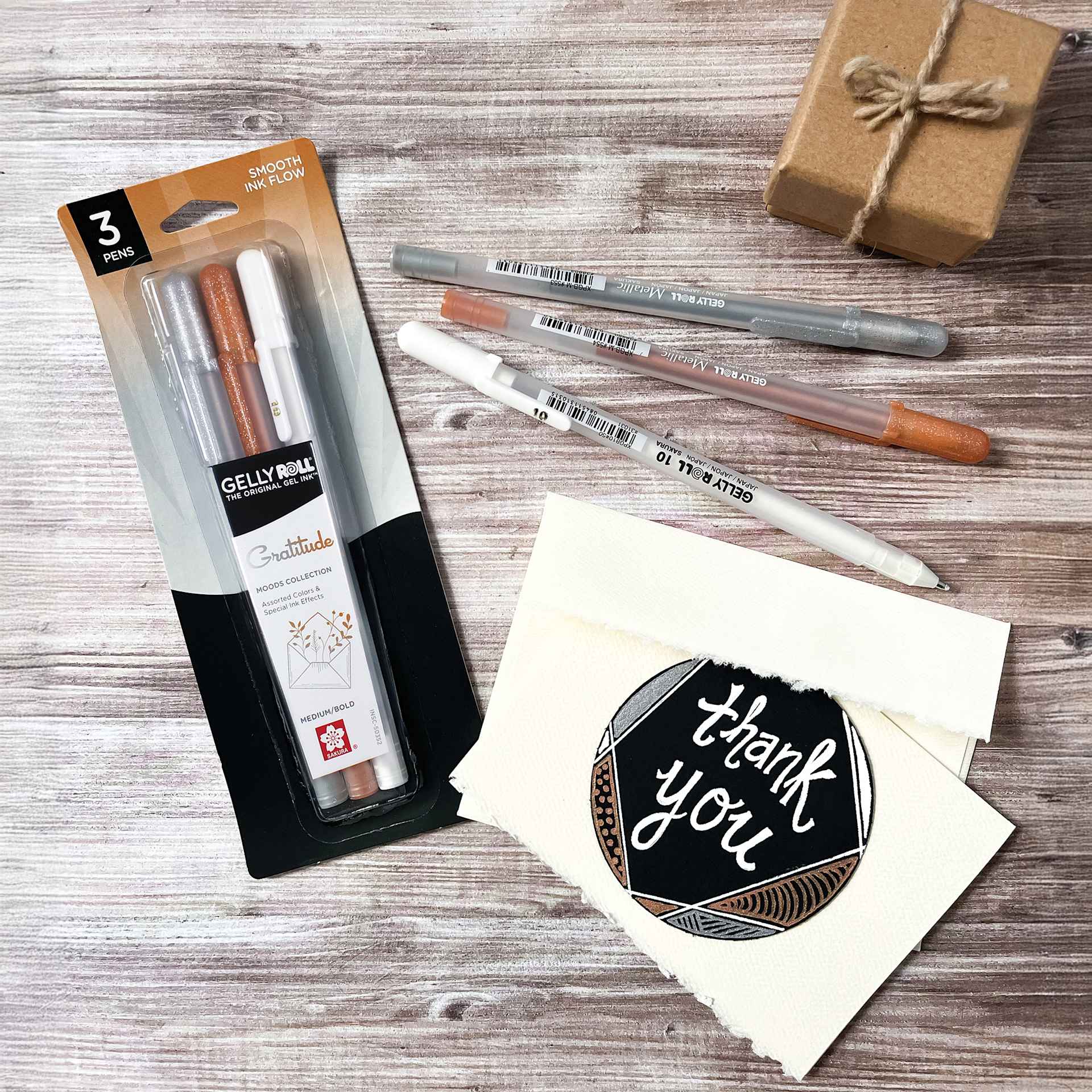 Sakura Gelly Roll Moods Collection Pens - Gratitude, Set of 3, thank you note with packaging and set contents