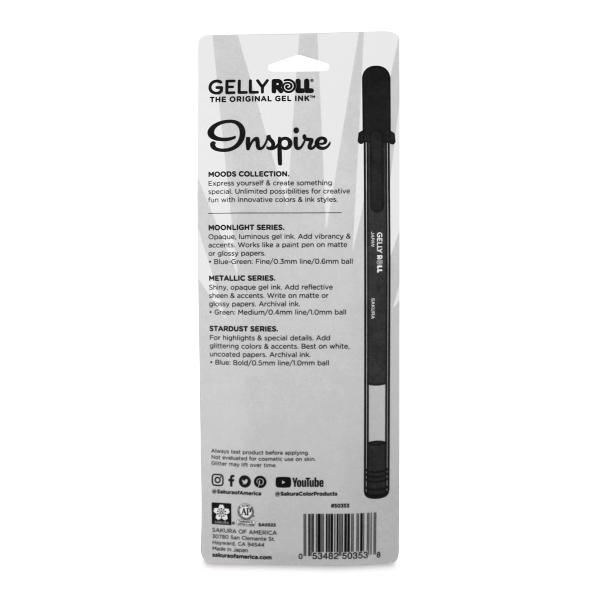 Sakura Gelly Roll Moods Collection Pens - Inspire, Set of 3, back of the packaging