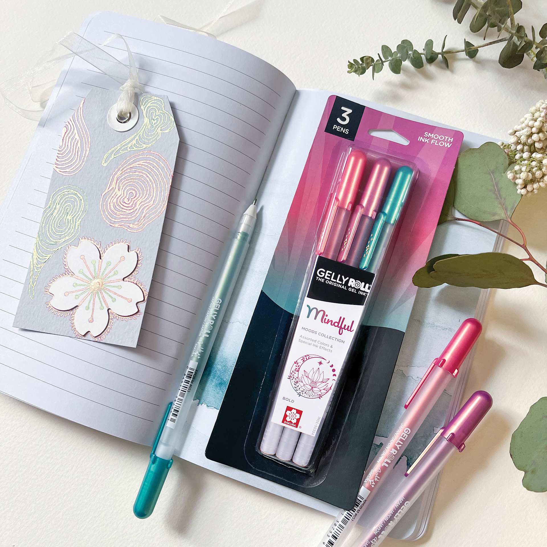 Sakura Gelly Roll Moods Collection Pens - Mindful, Set of 3, contents and packaging with journal