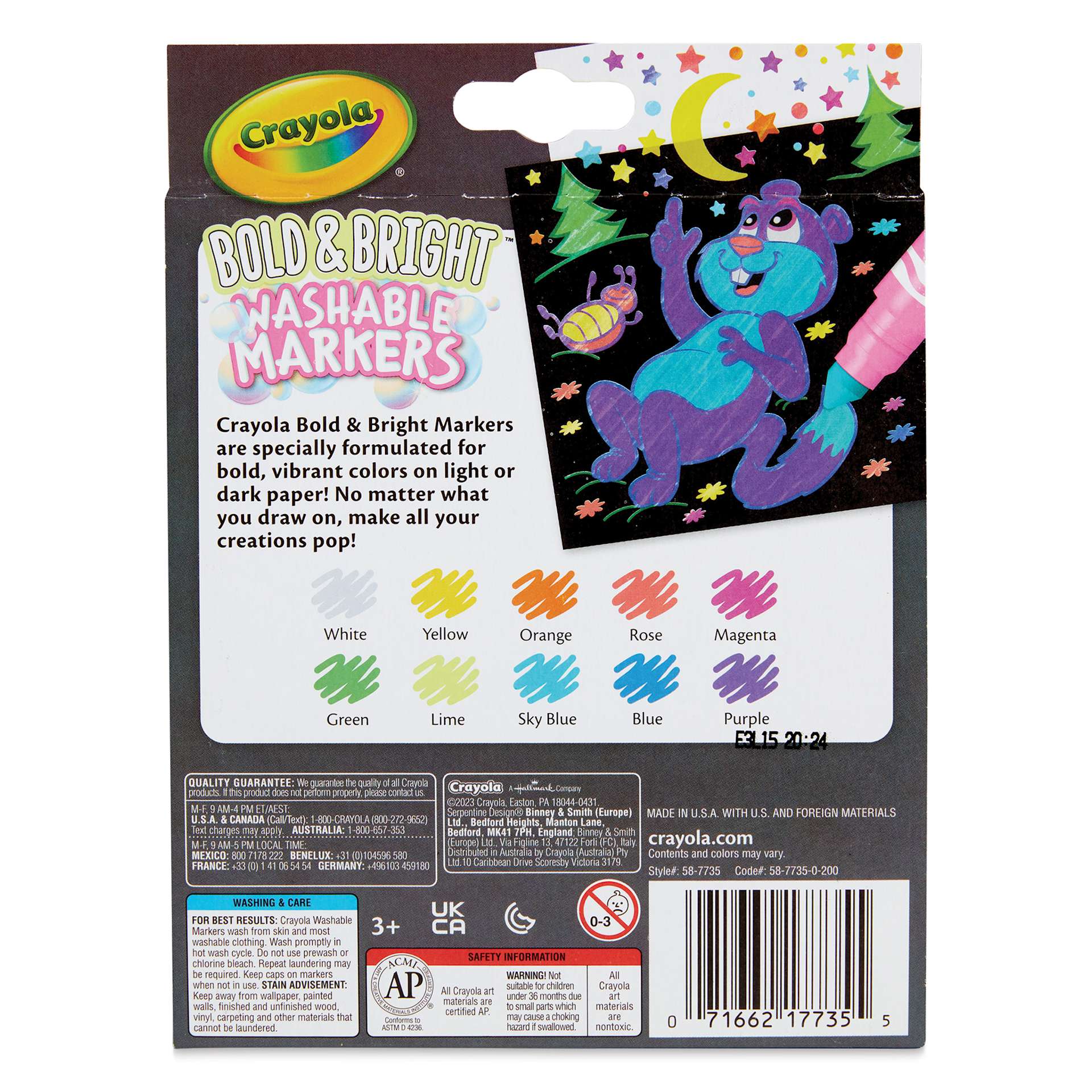 Crayola Bold & Bright Washable Markers, back of packaging