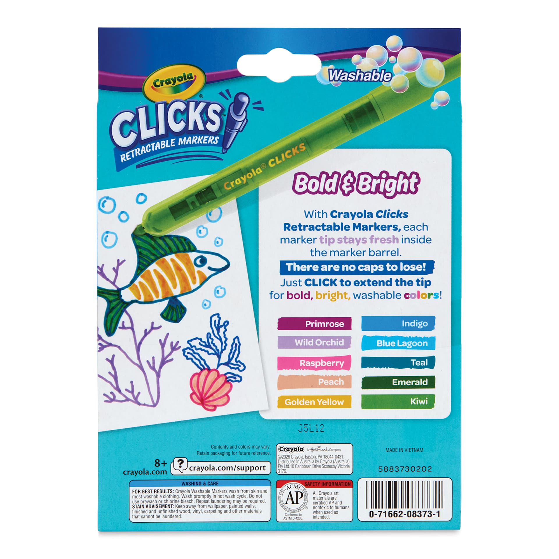 Crayola Clicks Retractable Markers - Set of 10, Bold & Bright Colors, back of packaging