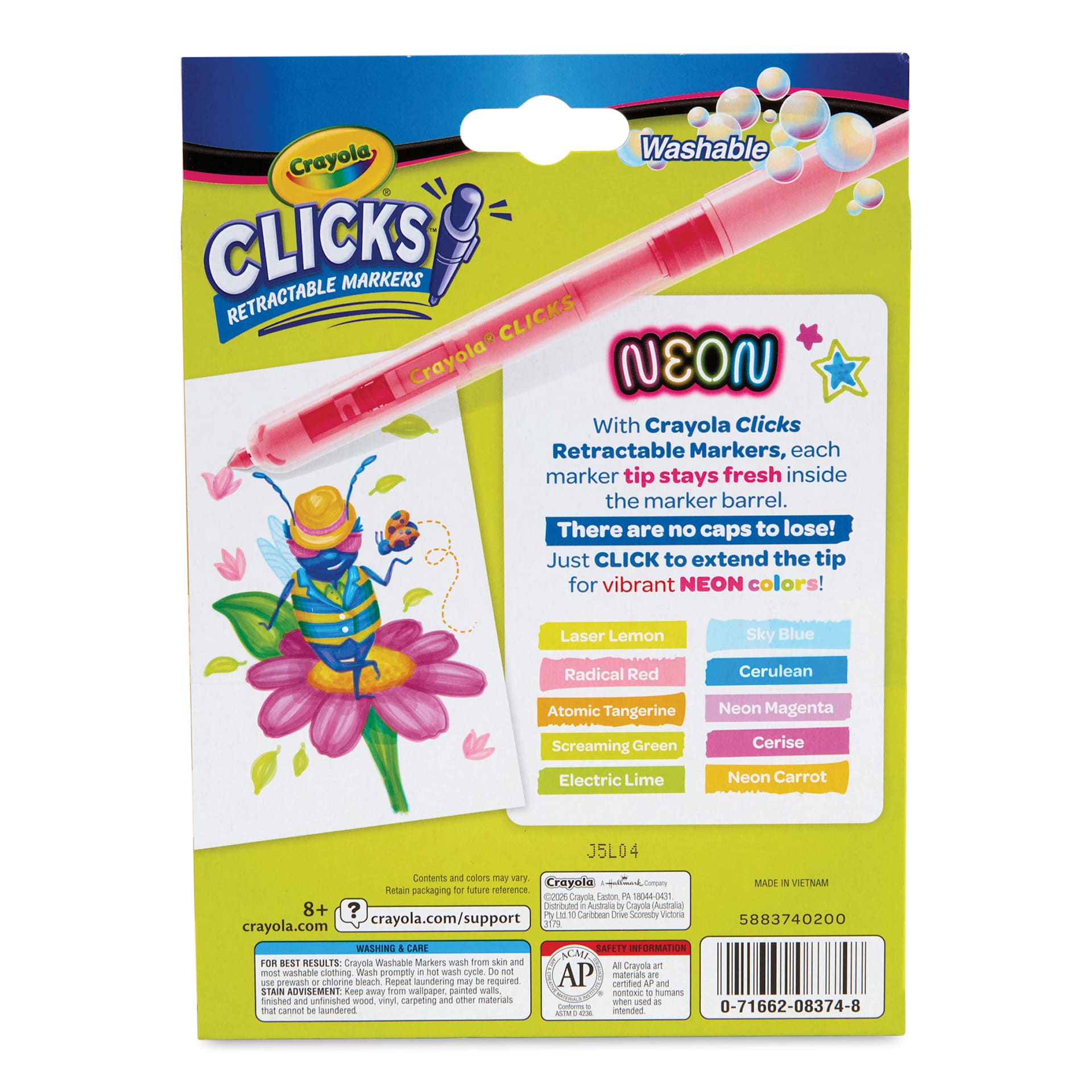Crayola Clicks Retractable Markers - Set of 10, Neon Colors, back of packaging