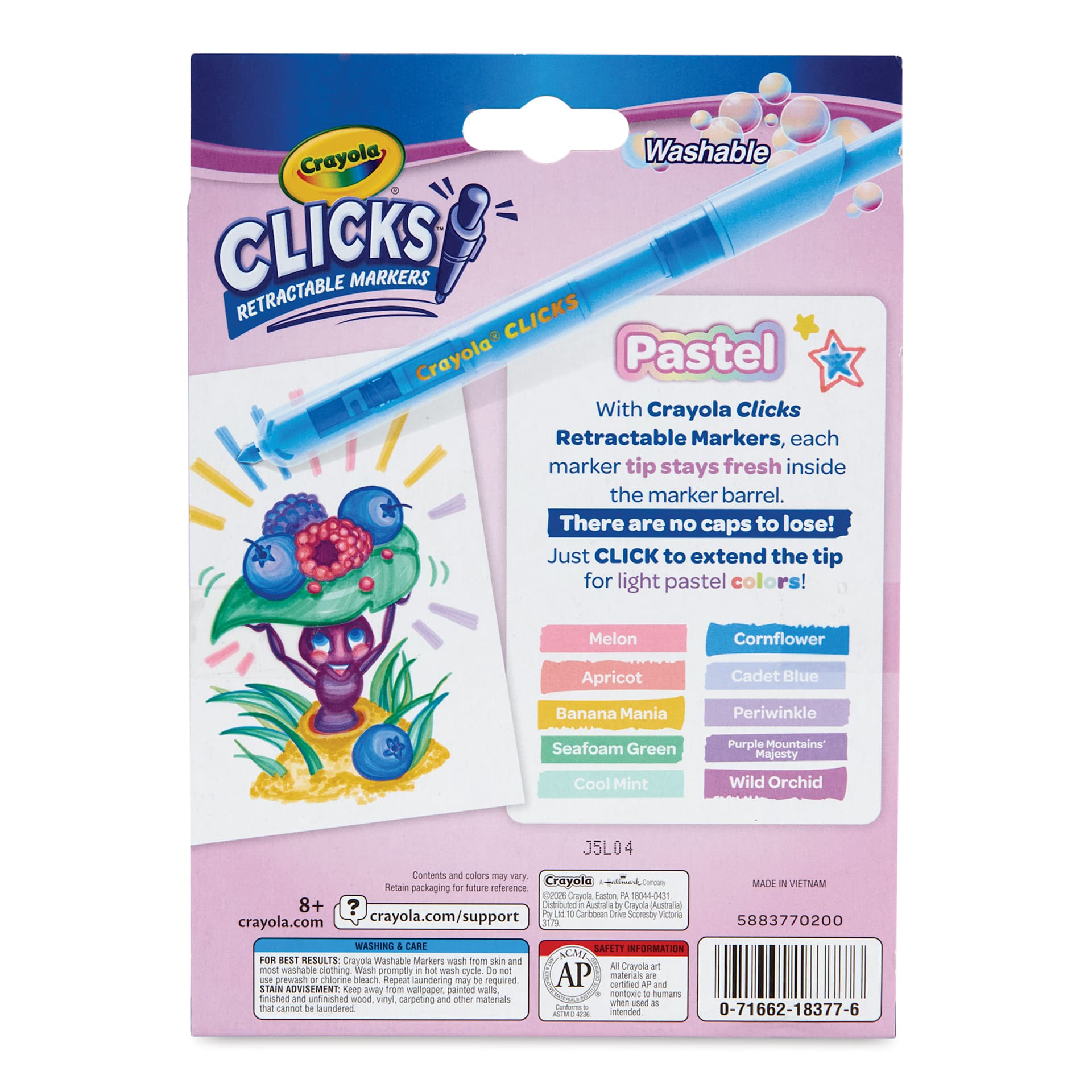 Crayola Clicks Retractable Markers - Set of 10, Pastel Colors, back of packaging