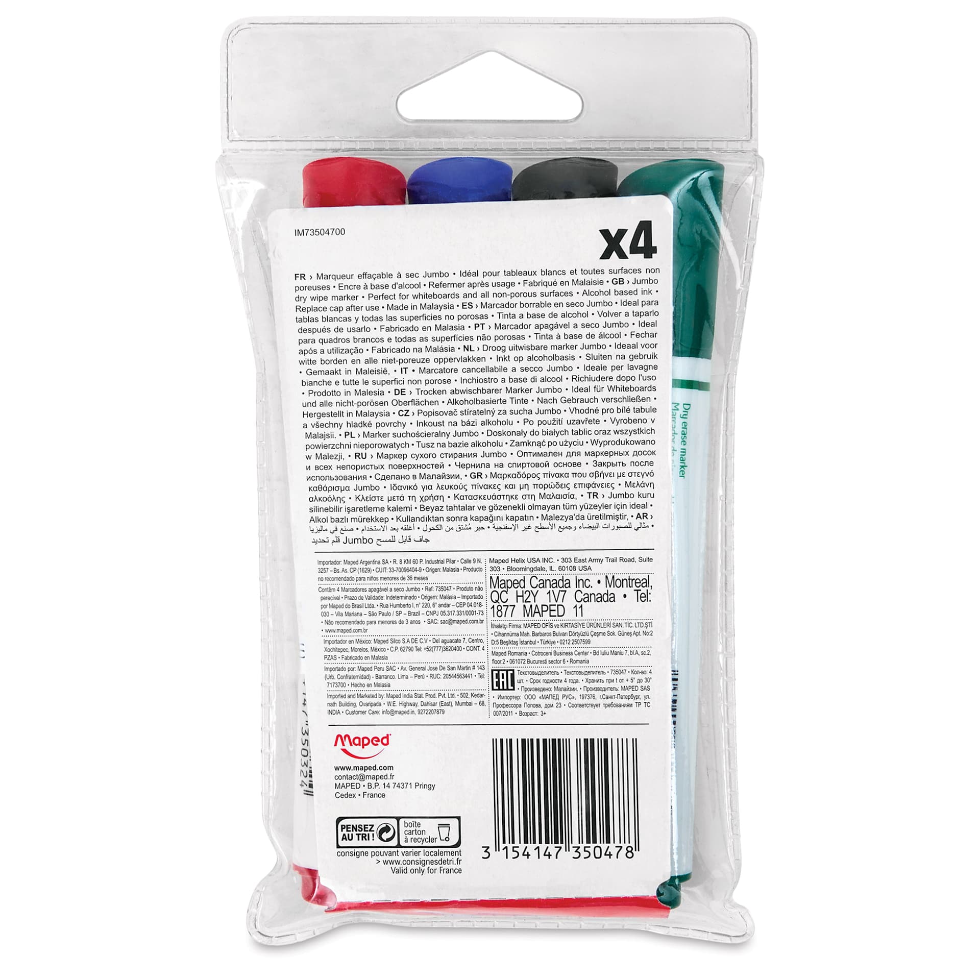 Maped Marker'Peps Dry Erase Marker Set - Jumbo Bullet Tip, Assorted, Set of 4, back of packaging