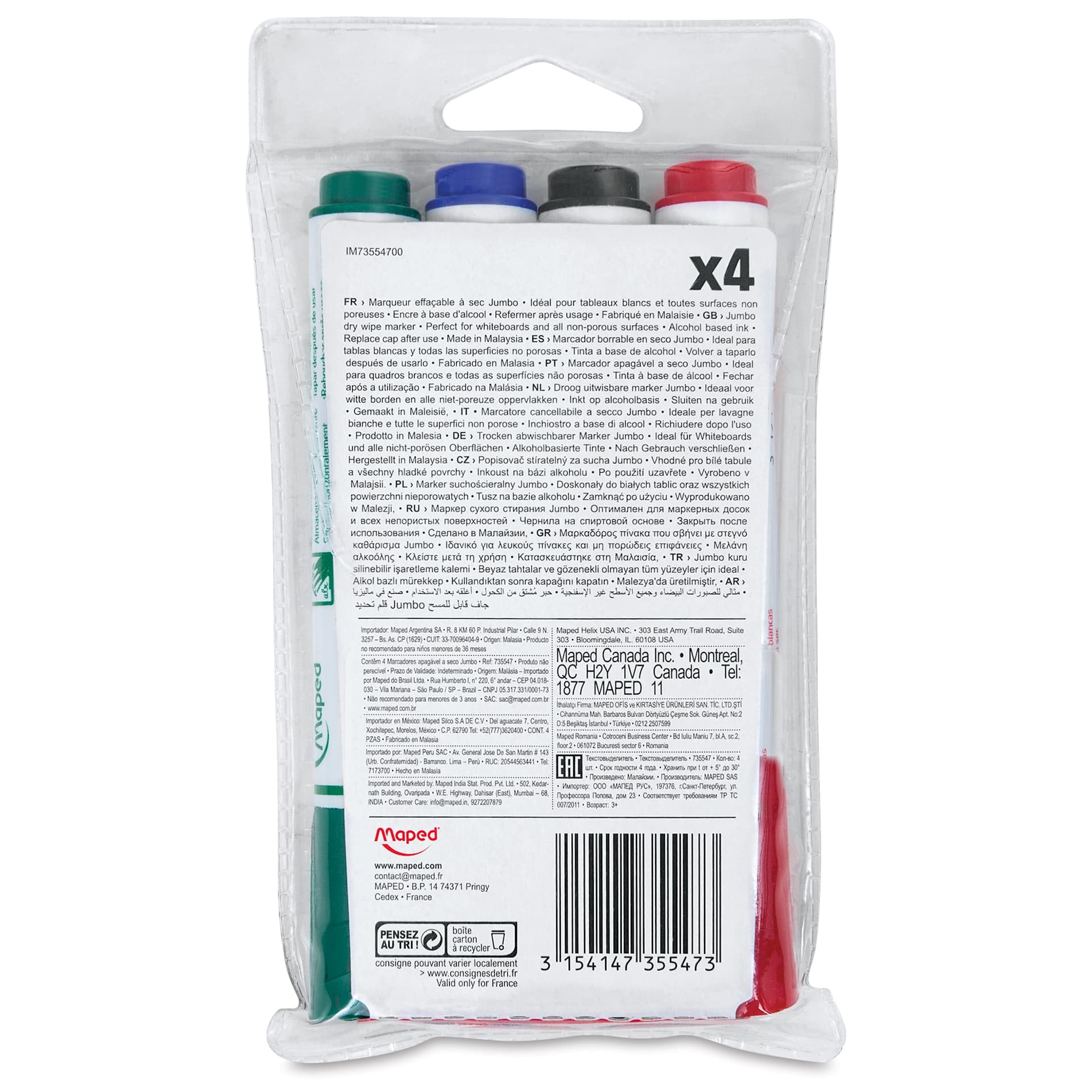 Maped Marker'Peps Dry Erase Marker Set - Chisel Tip, Assorted, Set of 4, back of packaging