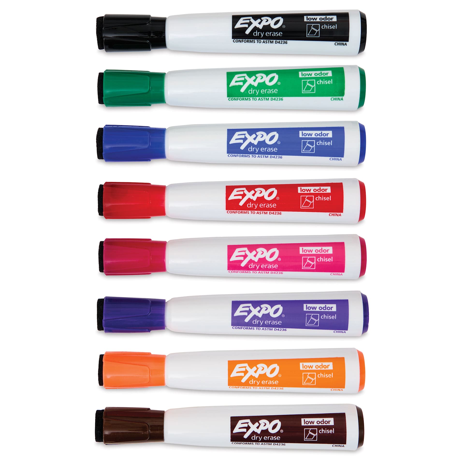 Expo Magnetic Dry Erase Markers - Chisel Tip, Assorted, Set of 8, markers laid out with caps on