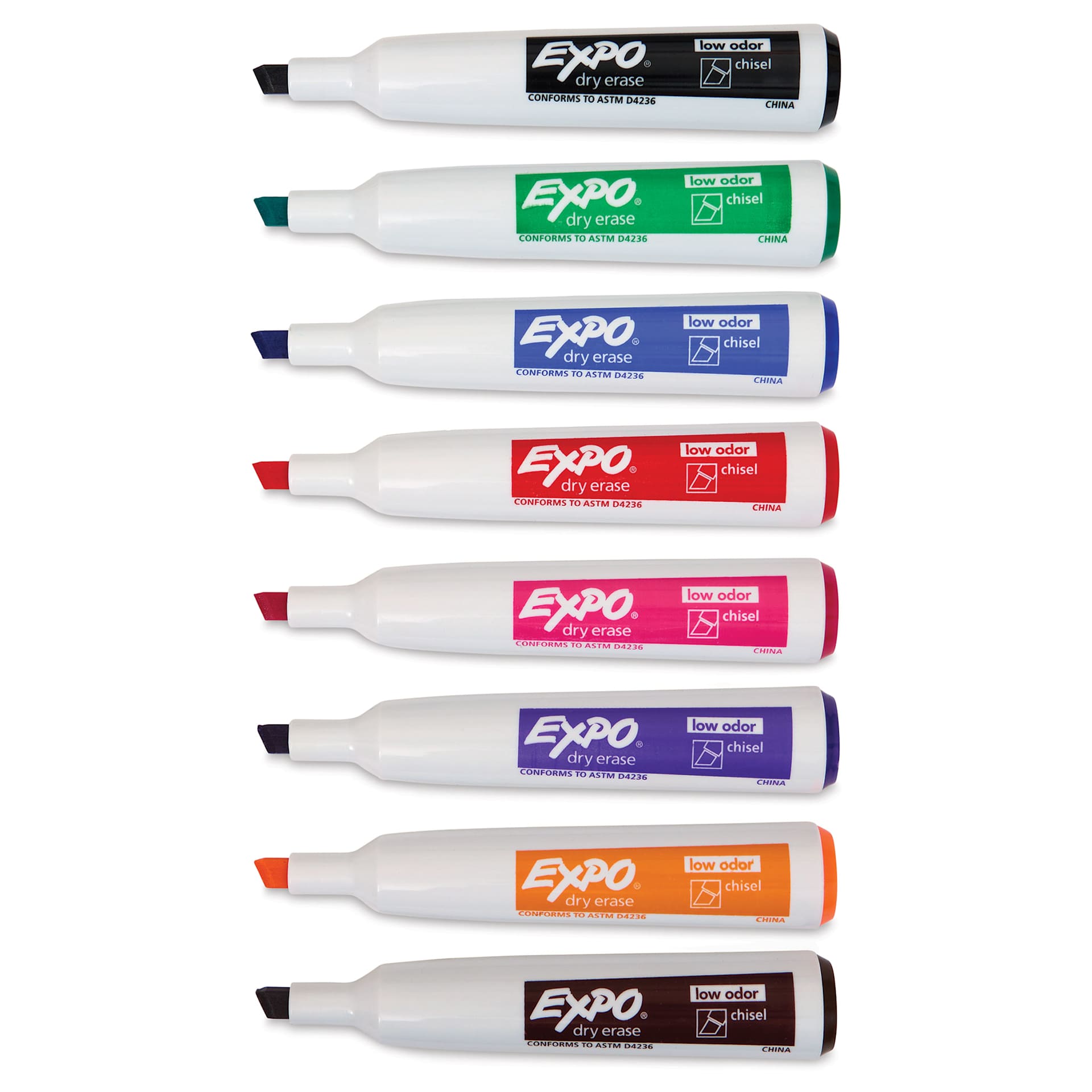 Expo Magnetic Dry Erase Markers - Chisel Tip, Assorted, Set of 8, markers laid out with caps off