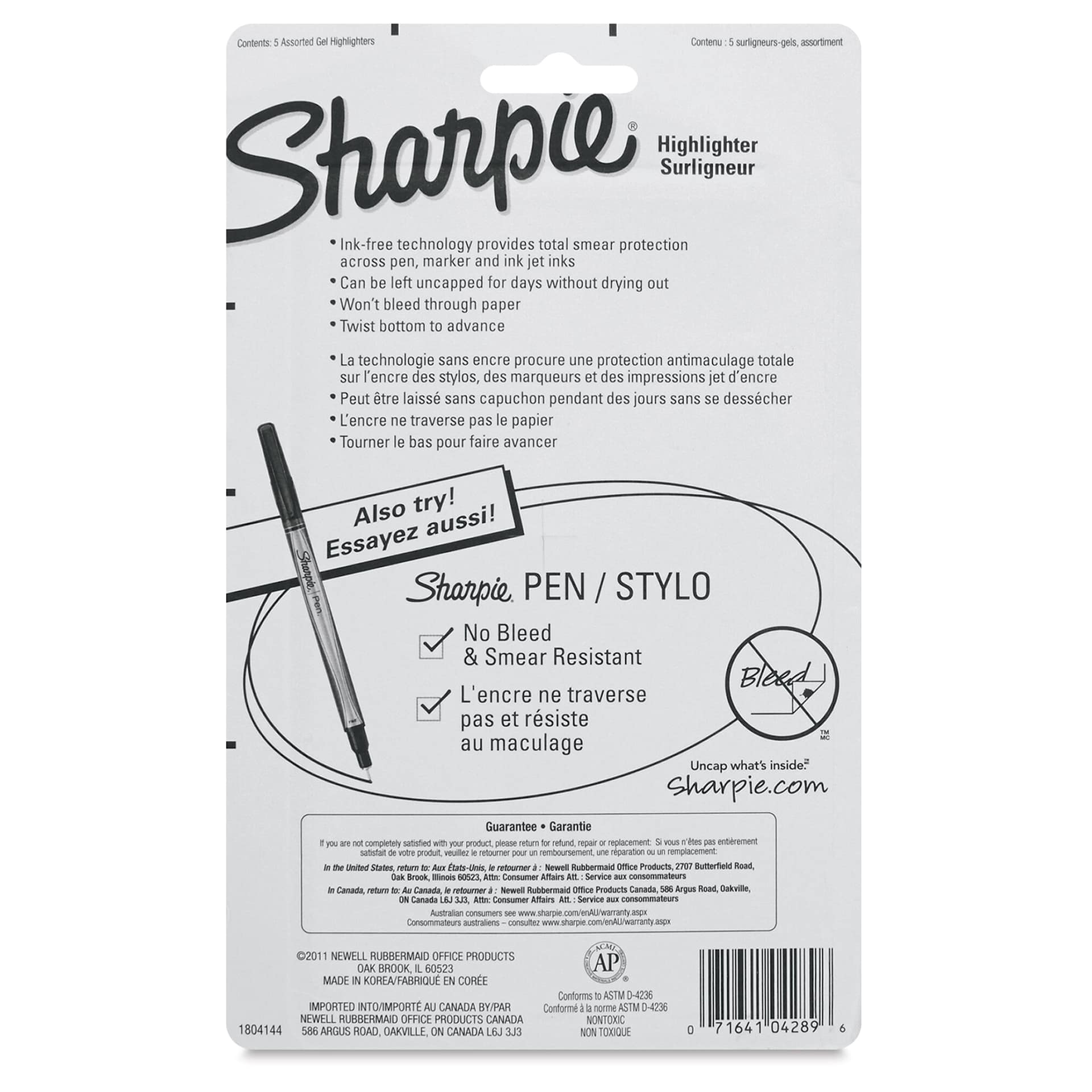 Sharpie Gel Highlighters - Set of 5, back of the packaging