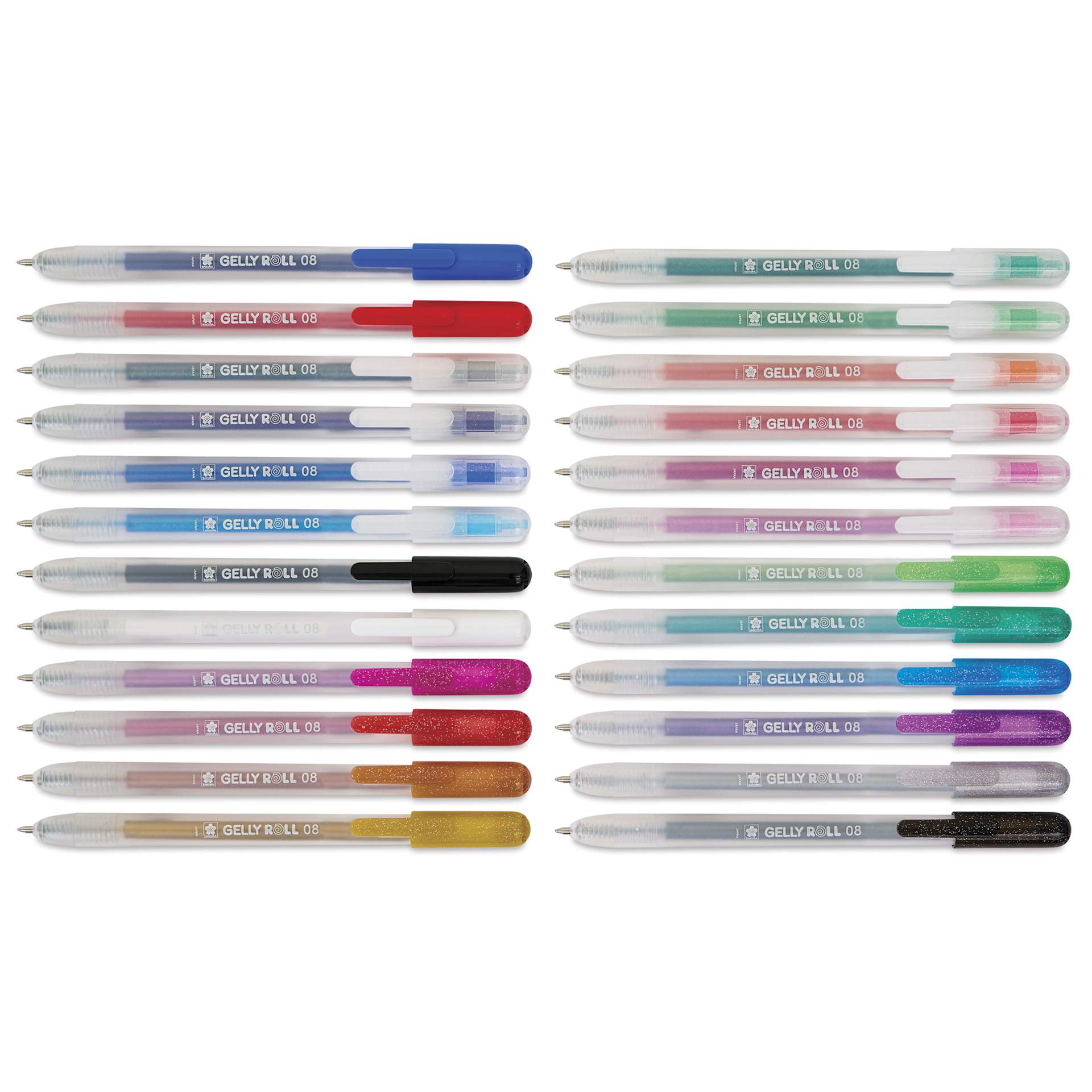 Sakura Gelly Roll Retractable Limited Edition Pens - Assorted Colors, Set of 24, laid out showing point