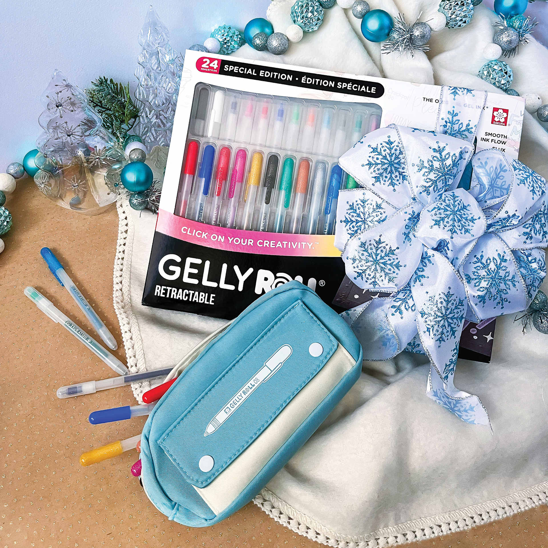 Sakura Gelly Roll Retractable Limited Edition Pens - Assorted Colors, Set of 24 with Pen Case, with Christmas decor (not included)