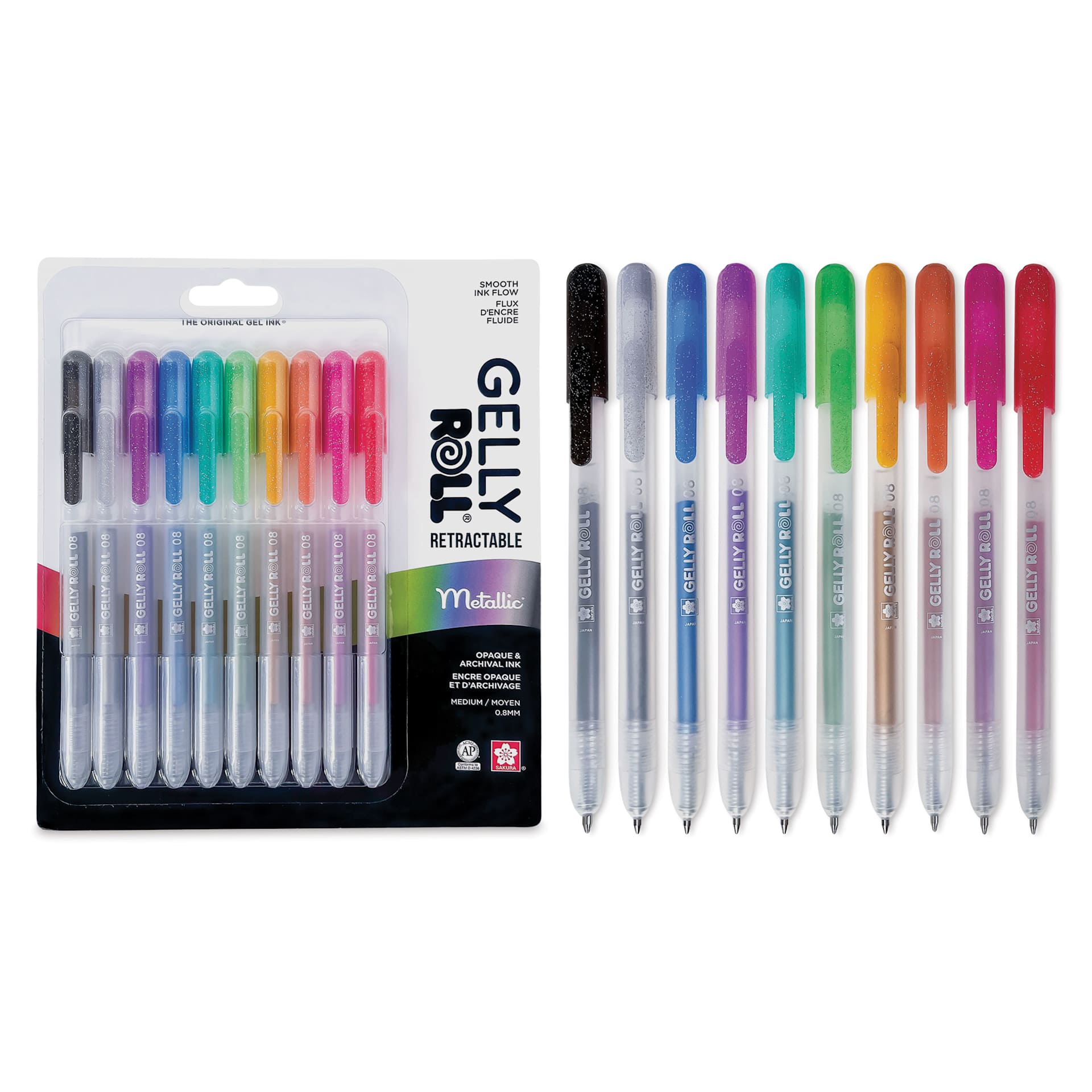 Sakura Gelly Roll Retractable Metallic Pens - Assorted, Medium Tip, Set of 10, contents and packaging