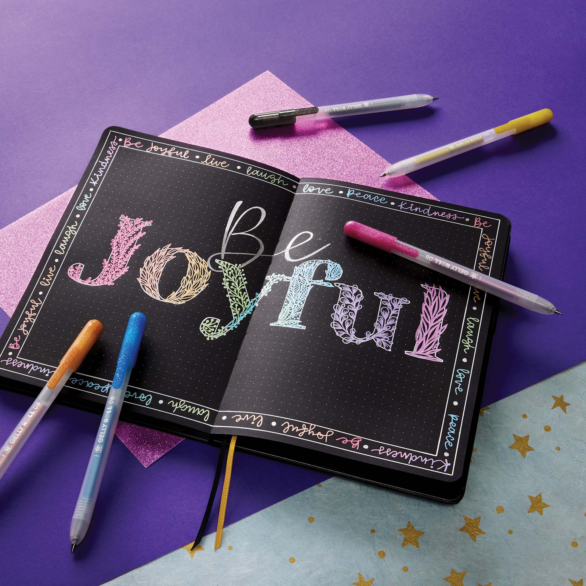 Sakura Gelly Roll Retractable Metallic Pens - Assorted, Medium Tip, Set of 10, "Be Joyful" decorative writing in notebook