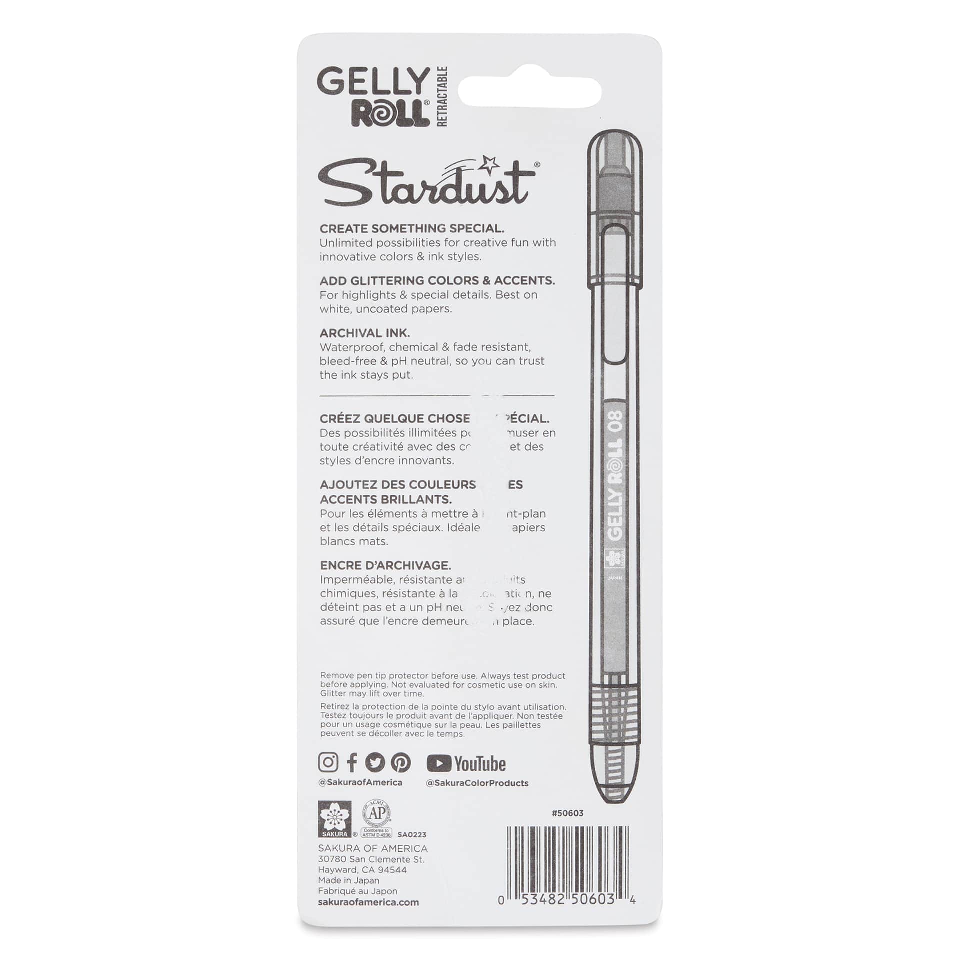 Sakura Gelly Roll Retractable Stardust Pens - Set of 3, back of the packaging