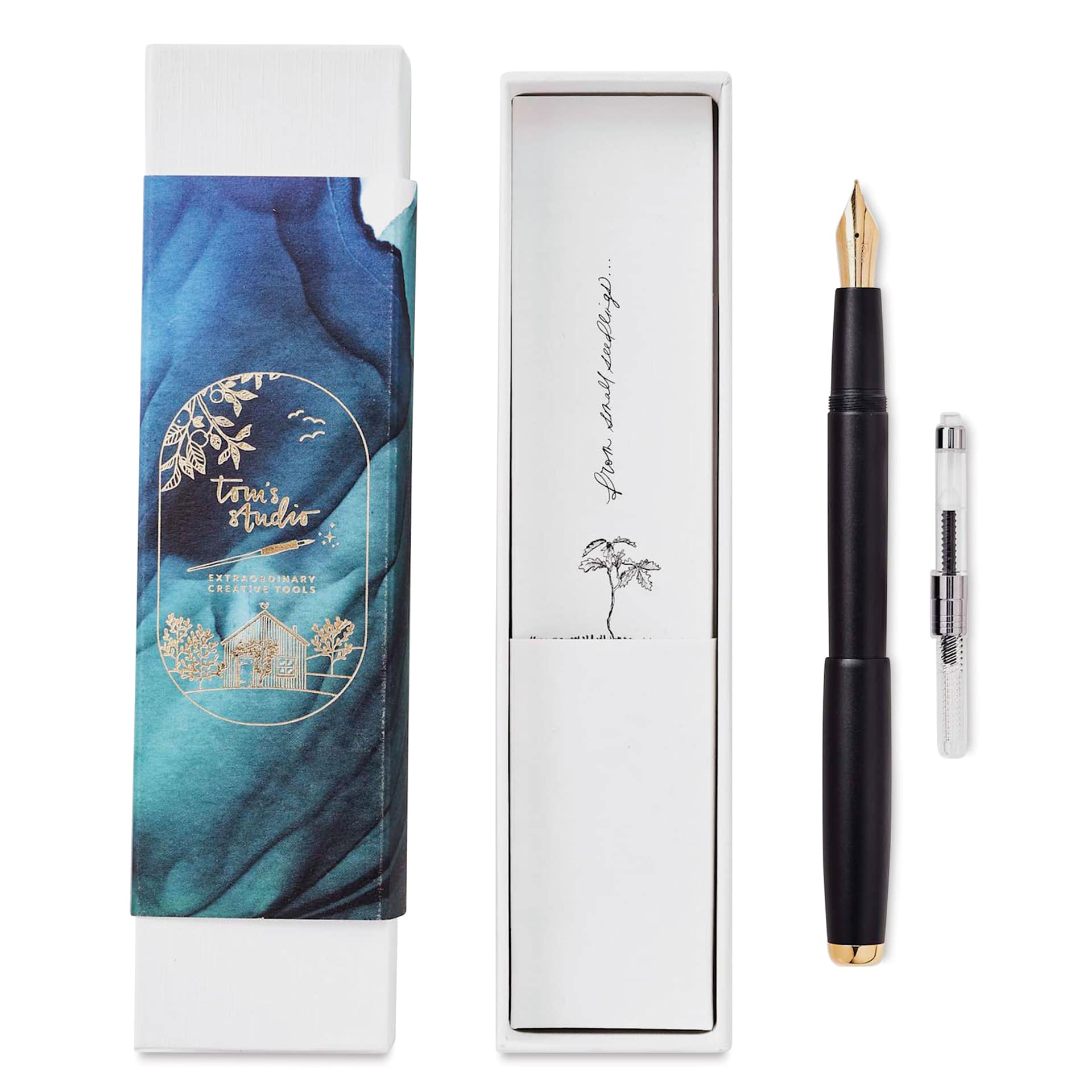 Tom's Studio Fountain Pen - Black, Fine Nib and ink converter with packaging