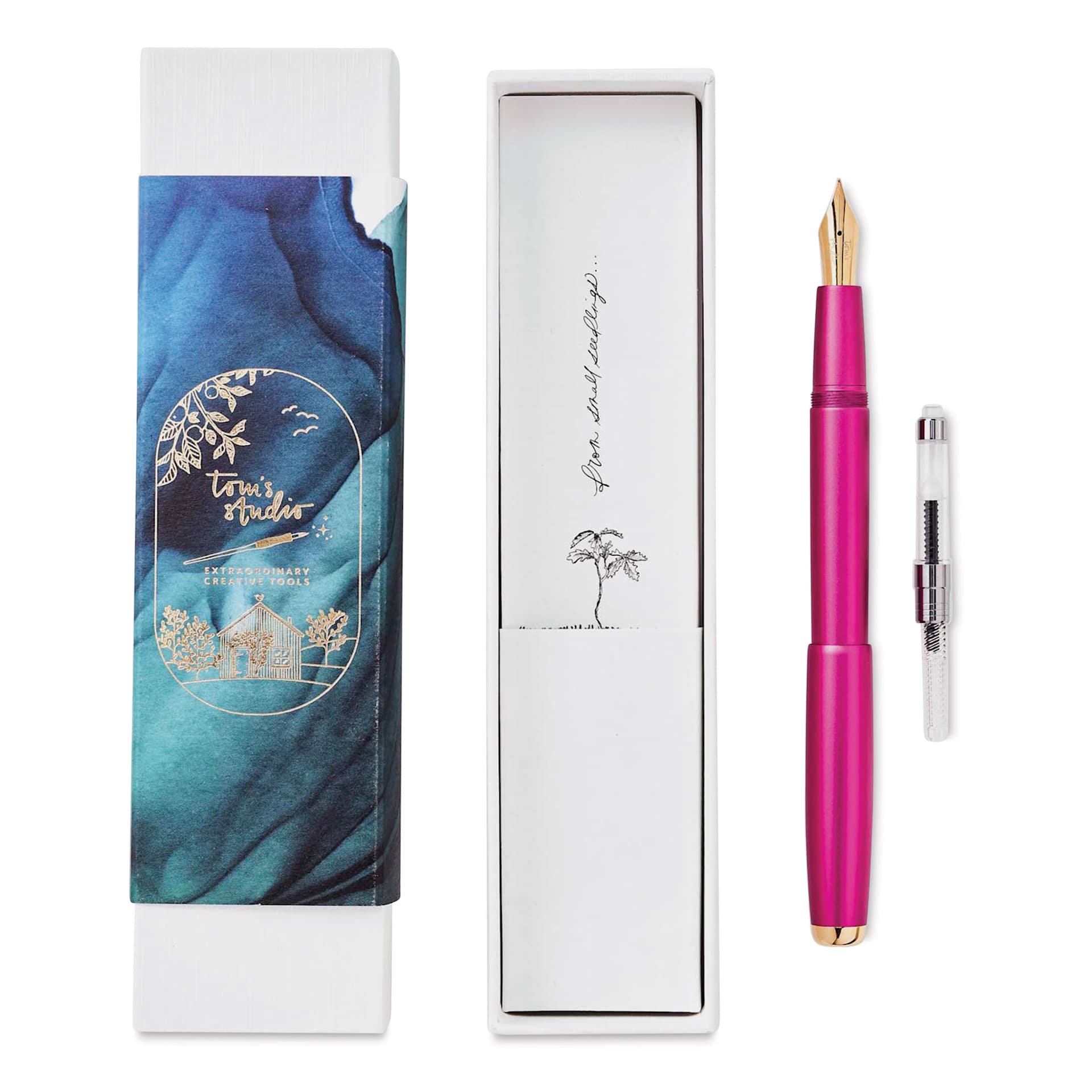 Tom's Studio Fountain Pen - Mulberry, Medium Nib and ink converter with packaging