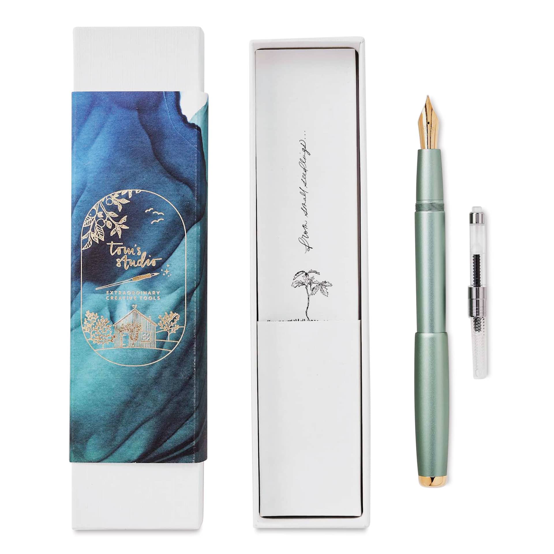 Tom's Studio Fountain Pen - Sage, Fine Nib and ink converter with packaging