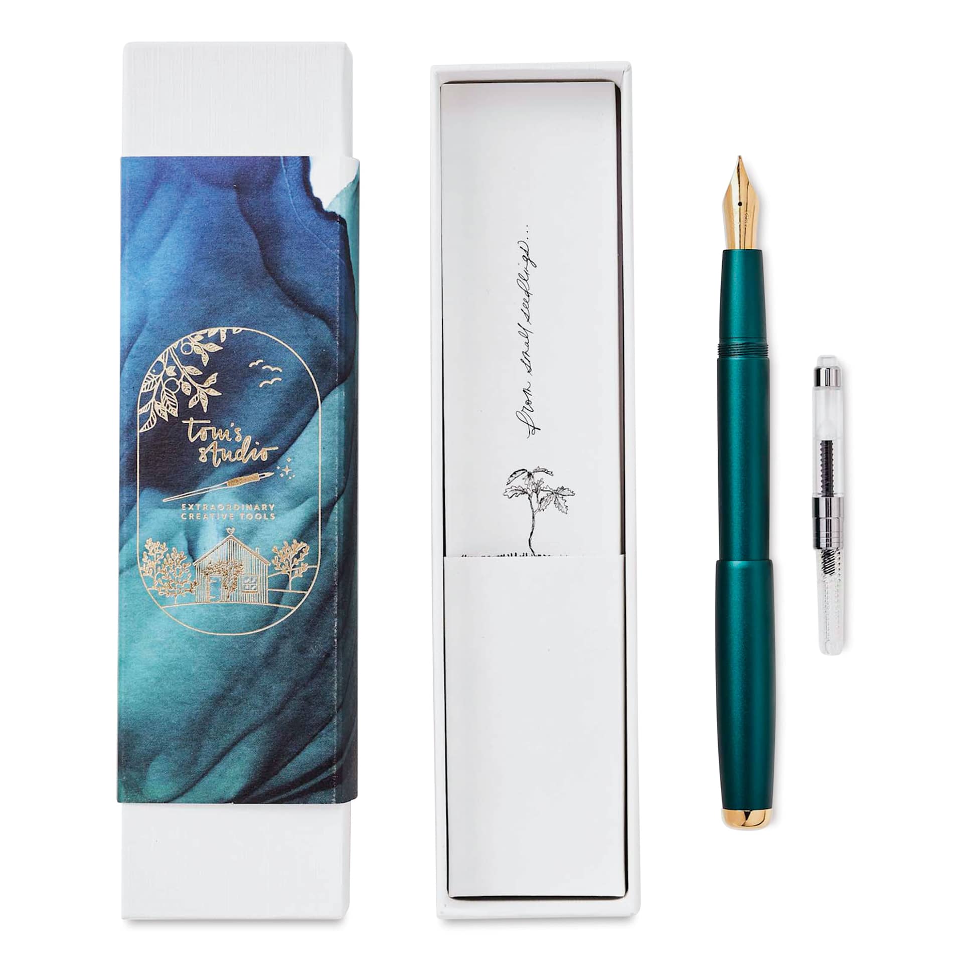 Tom's Studio Fountain Semi-Flex Nib Pen - Ivy, Extra Fine pen and ink converter with packaging