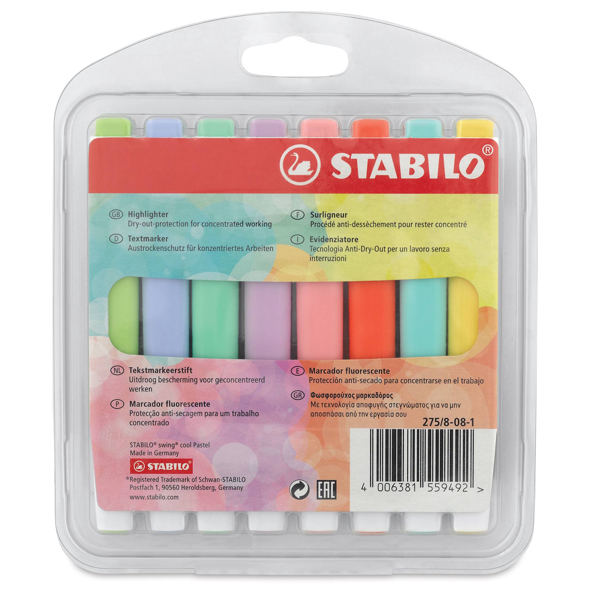 Stabilo Swing Cool Highlighters - Pastel, Set of 8, back of the packaging