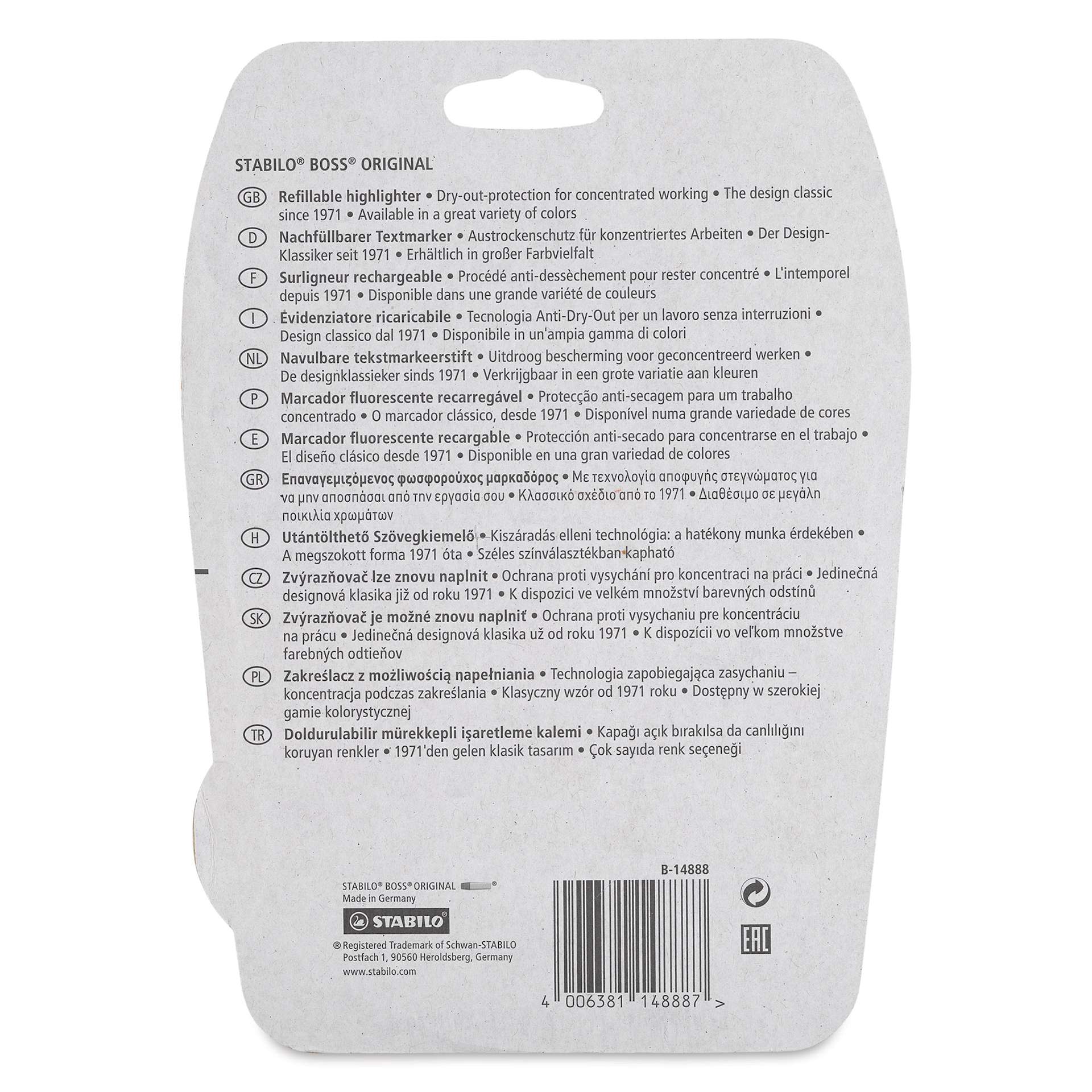 Stabilo Boss Original Highlighters - Assorted Colors, Set of 4, back of the packaging