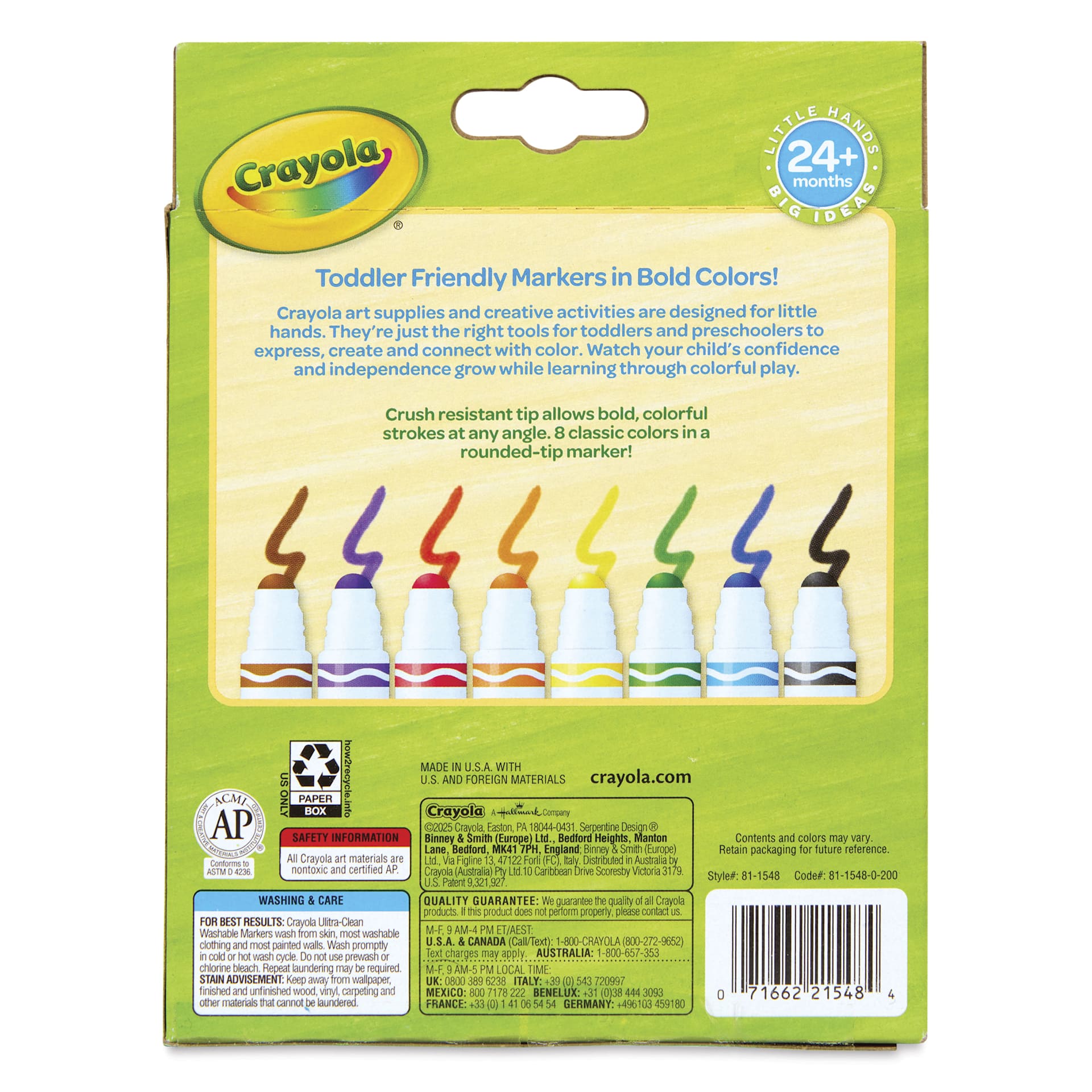 Crayola Ultra-Clean Washable Gumball Tip Markers - Assorted Colors, Set of 8, back of the packaging