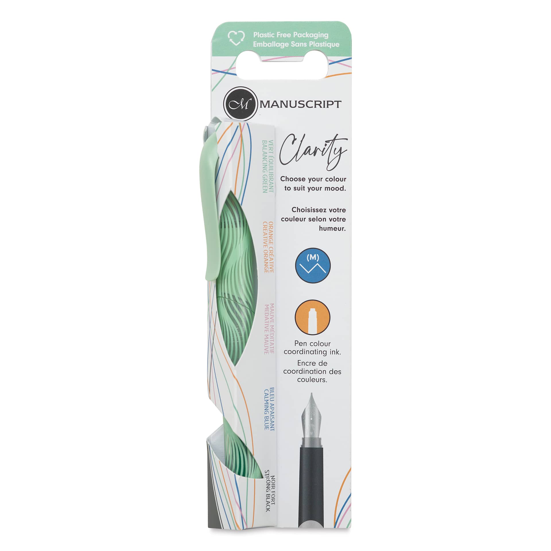 Manuscript Clarity Fountain Pen - Iridium Nib, Balancing Green, front of packaging