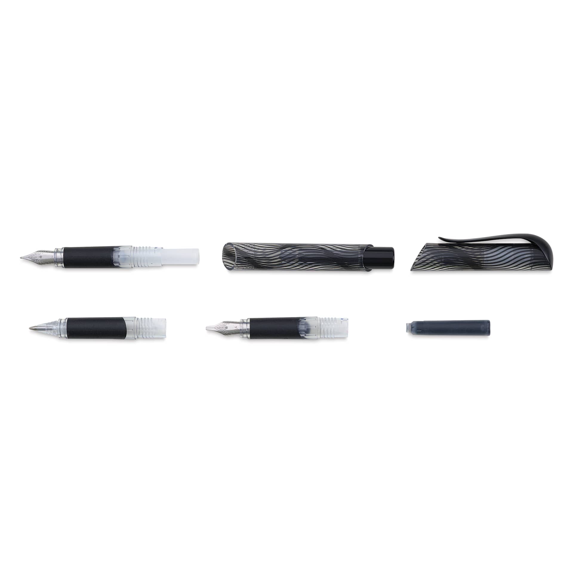 Manuscript Clarity Fountain Pen Set - Assorted Nibs, Set of 6, Strong Black, pen broken apart