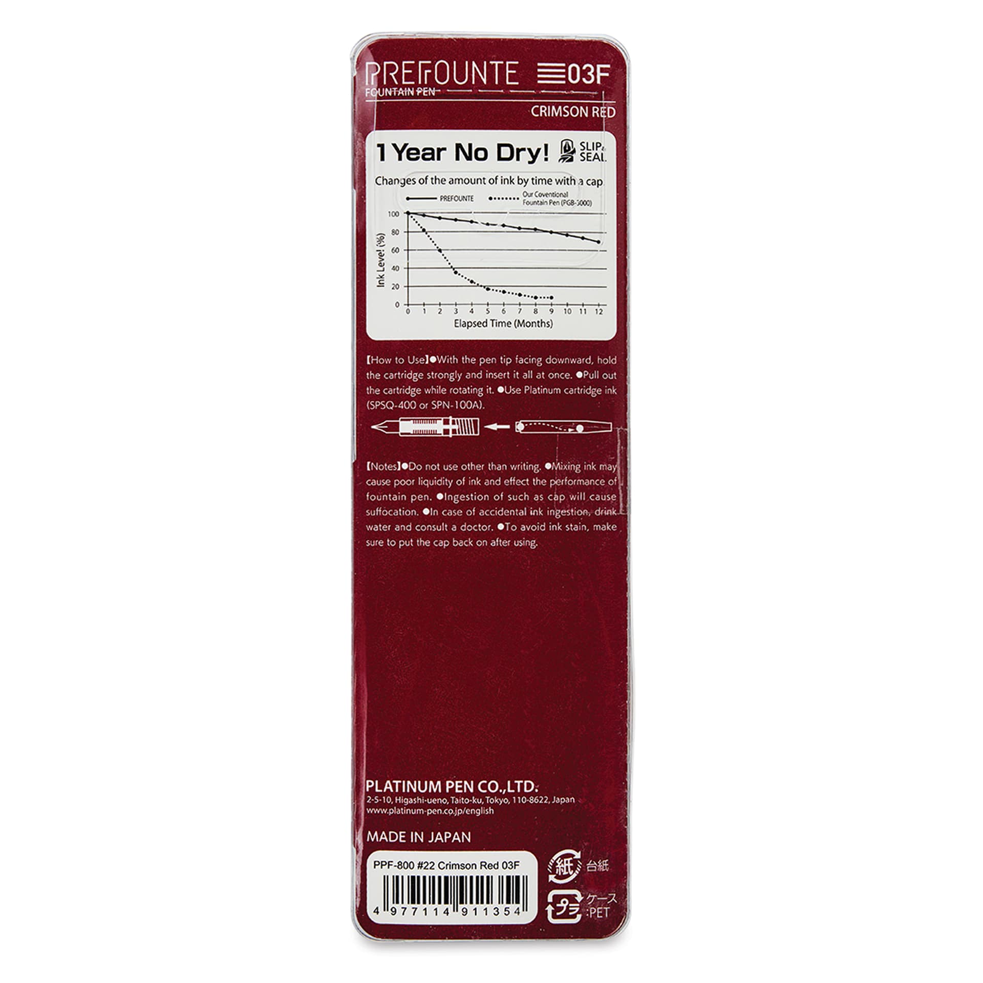 Platinum Prefounte Fountain Pen - Crimson Red, Fine, back of package