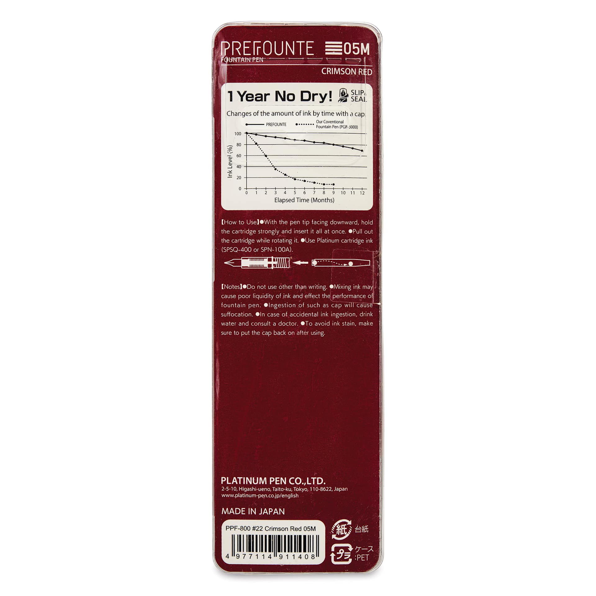 Platinum Prefounte Fountain Pen - Crimson Red, Medium, back of package