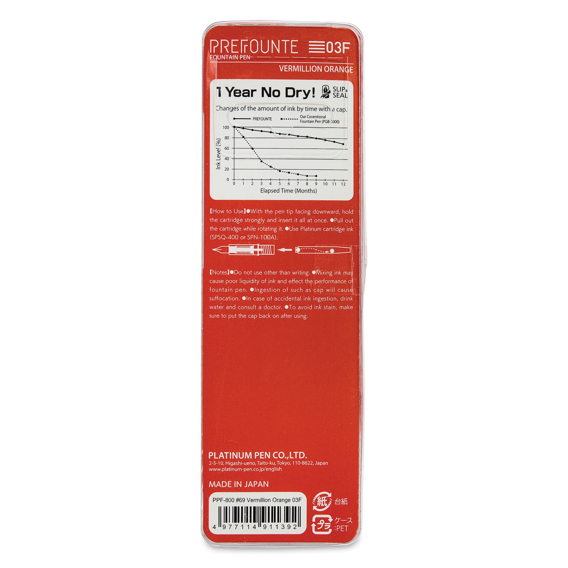 Platinum Prefounte Fountain Pen - Vermilion Orange, Fine, back of package
