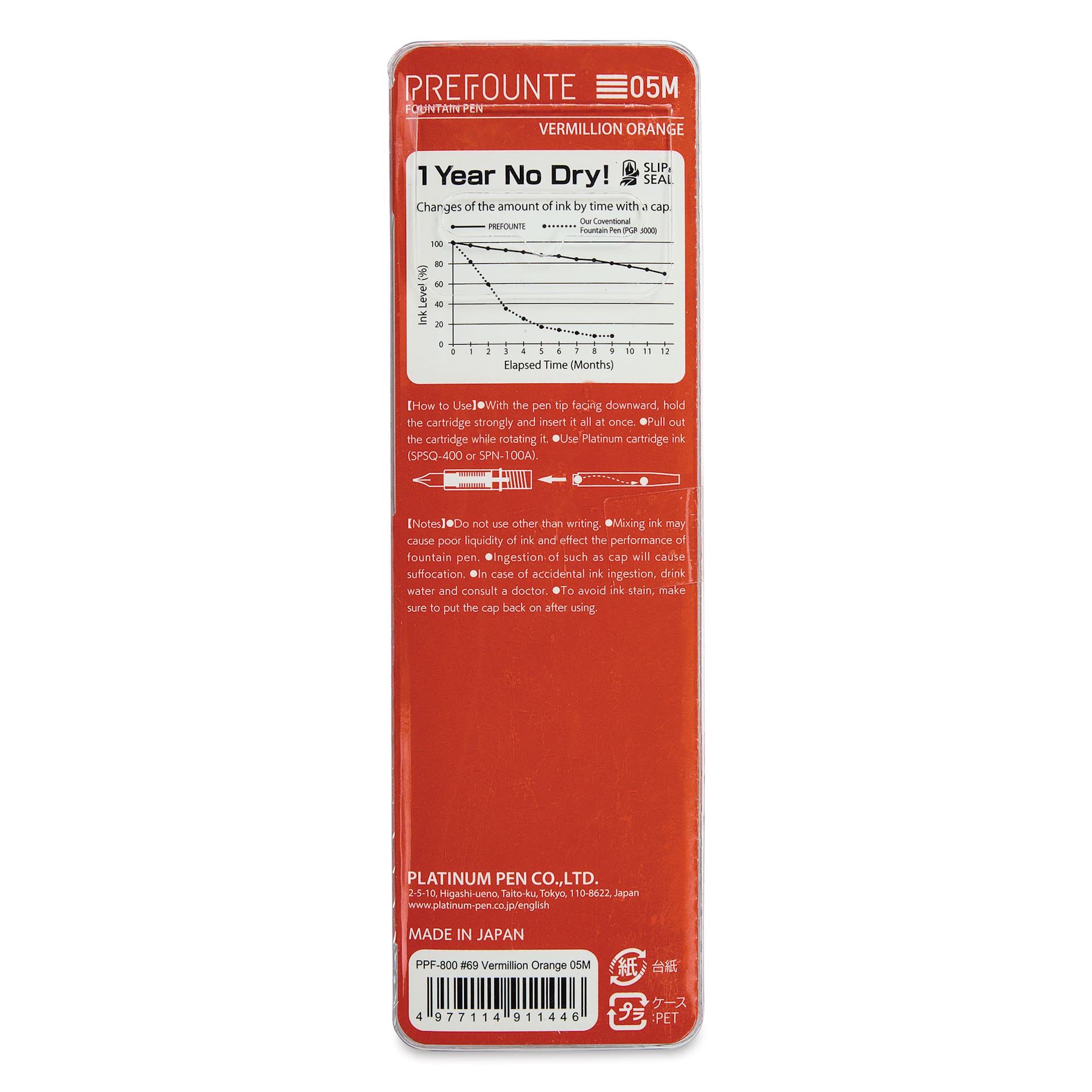 Platinum Prefounte Fountain Pen - Vermilion Orange, Medium, back of package