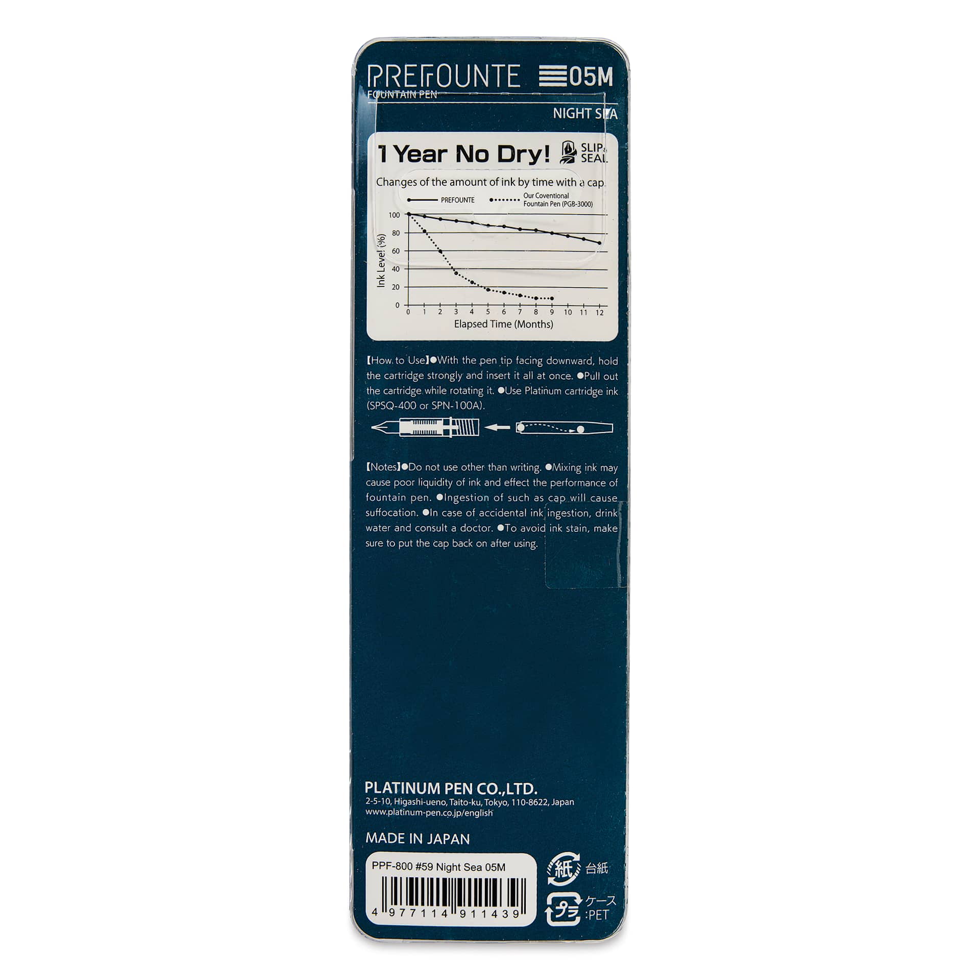 Platinum Prefounte Fountain Pen - Night Sea, Medium, back of package