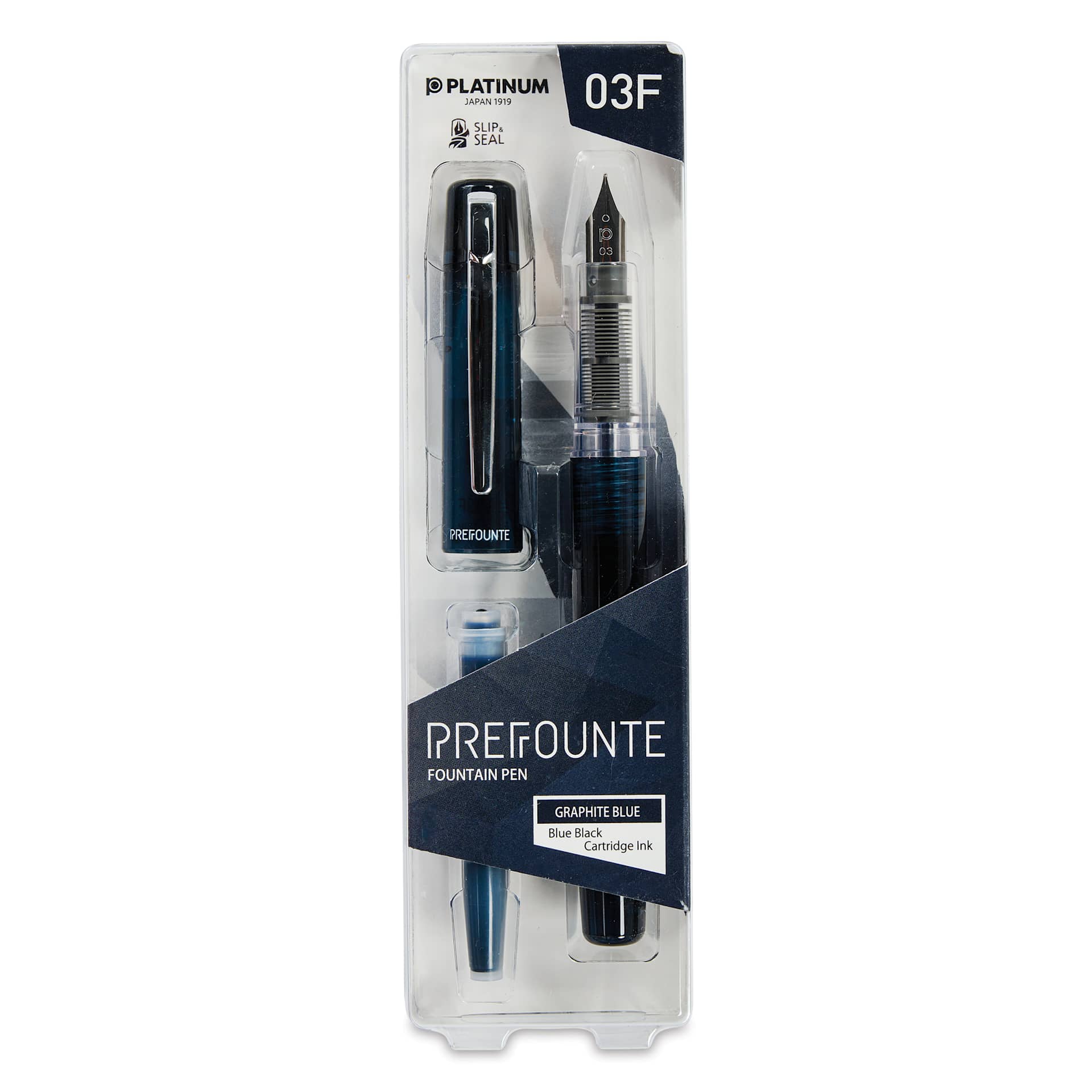 Platinum Prefounte Fountain Pen - Graphite Blue, Fine, front of package