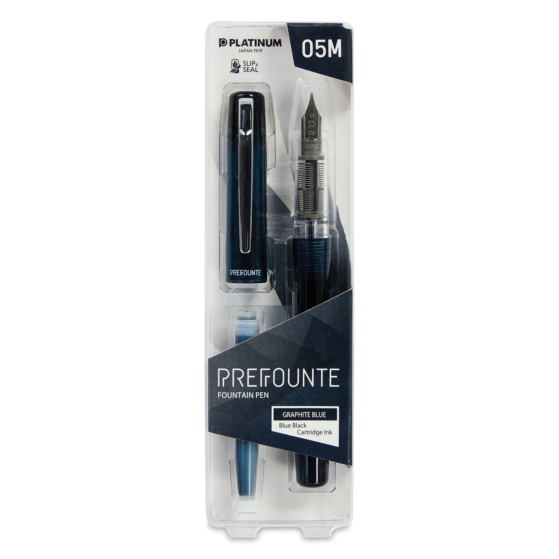 Platinum Prefounte Fountain Pen - Graphite Blue, Medium, front of package