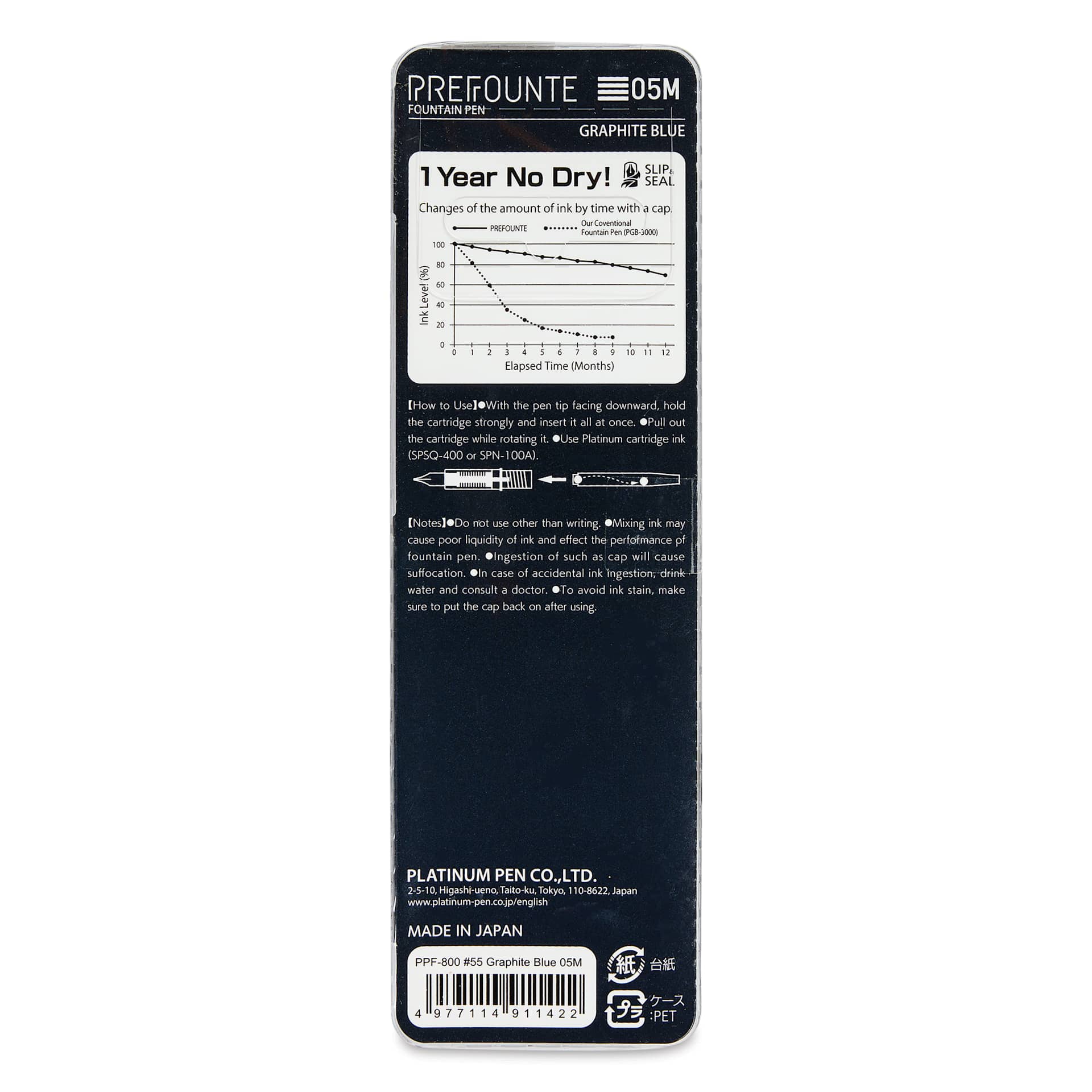 Platinum Prefounte Fountain Pen - Graphite Blue, Medium, back of package