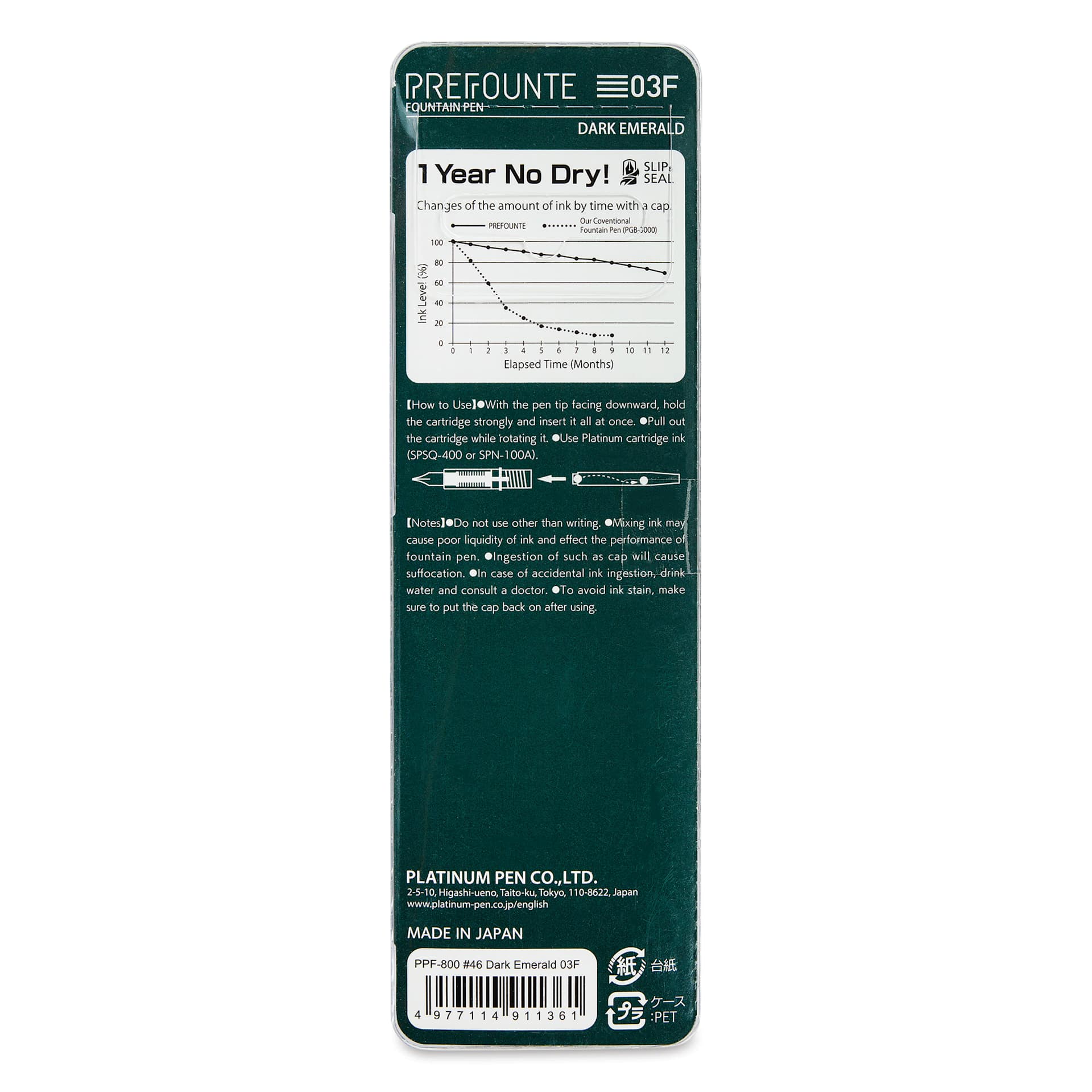 Platinum Prefounte Fountain Pen - Dark Emerald, Fine, back of package