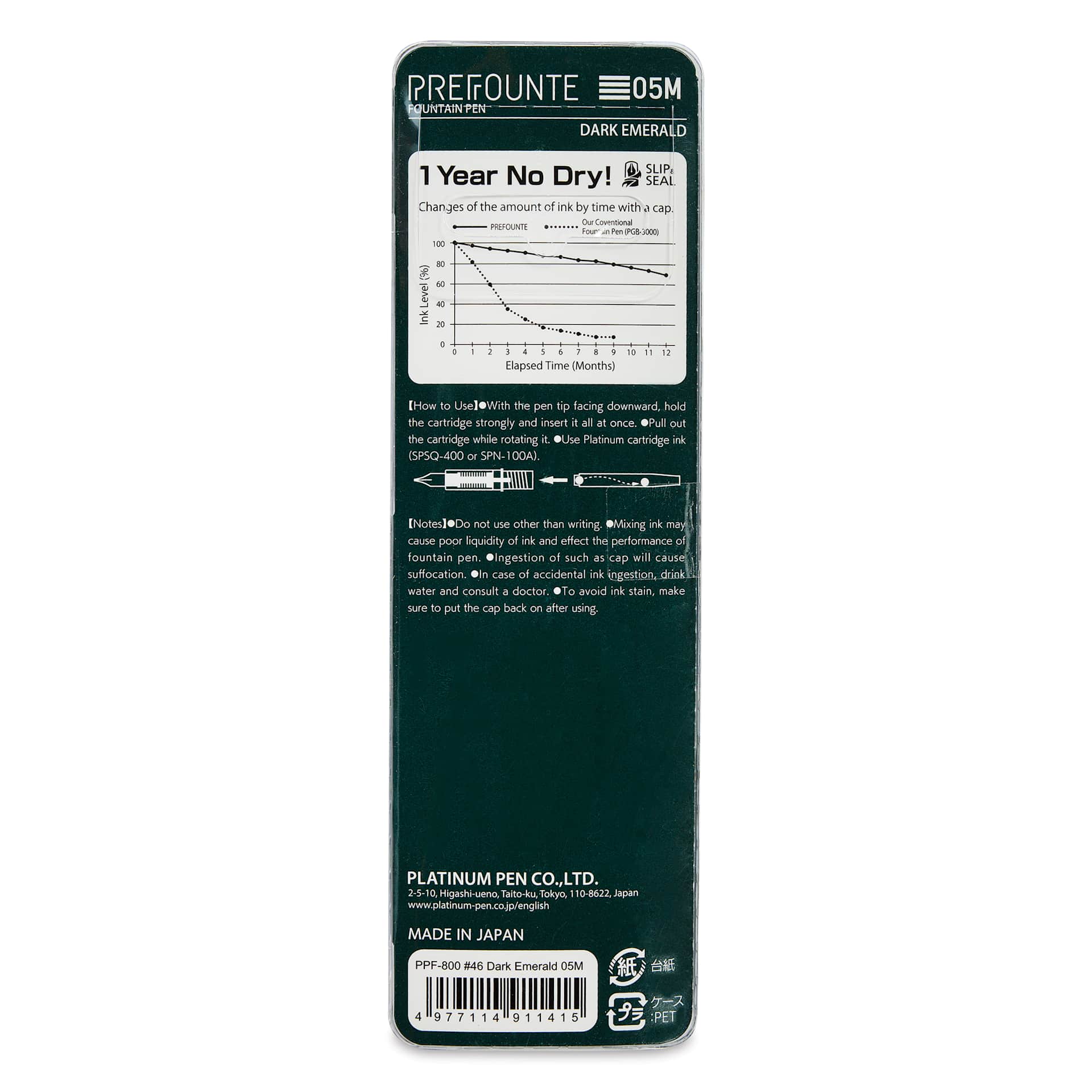 Platinum Prefounte Fountain Pen - Dark Emerald, Medium, back of package